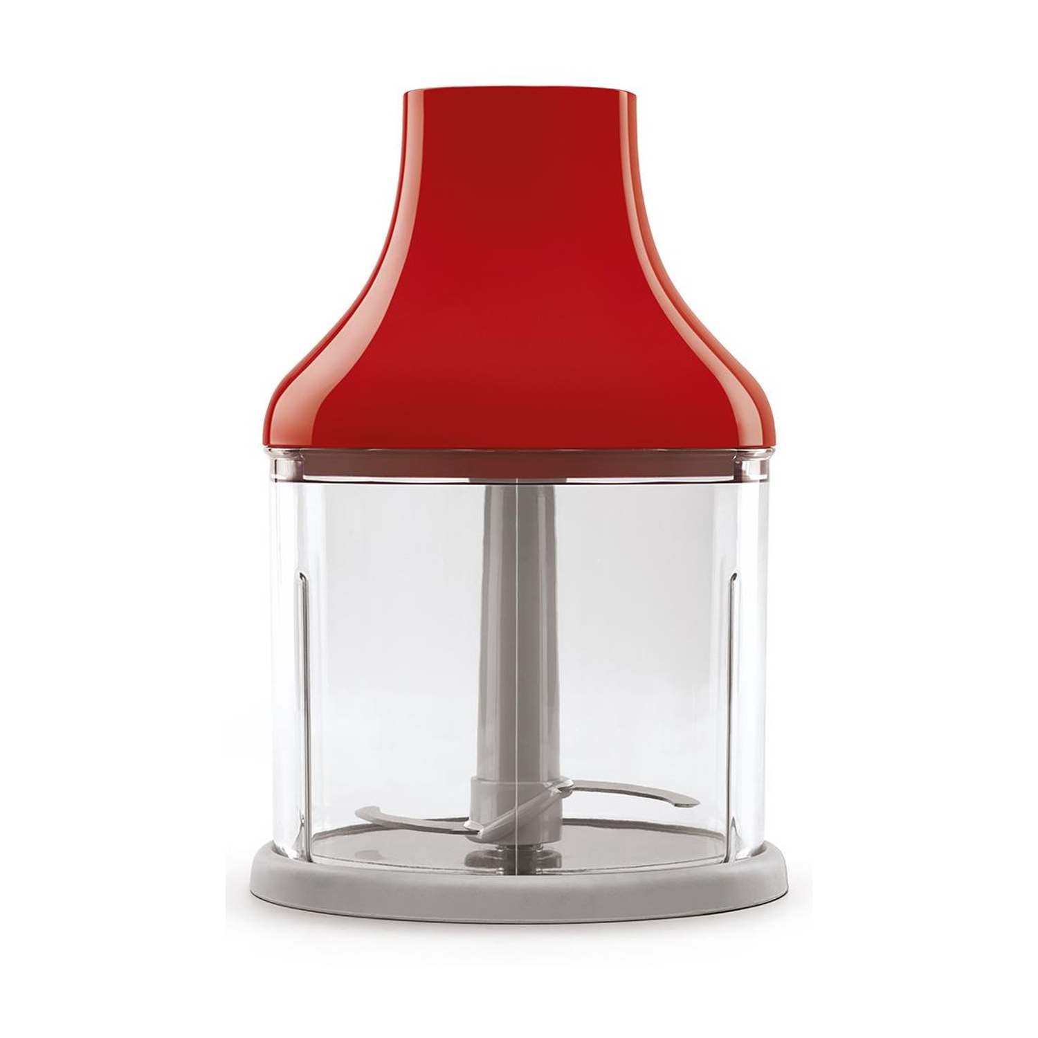 Un accessorio per frullatore a immersione rosso con contenitore trasparente e lame.