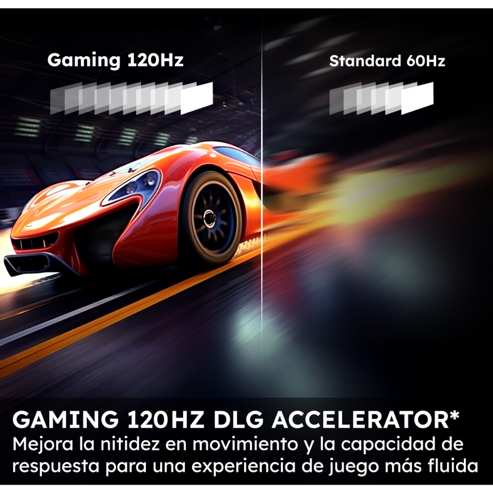 Un coche de carreras rojo en una pista, pantalla dividida mostrando 120Hz gaming vs 60Hz estándar.