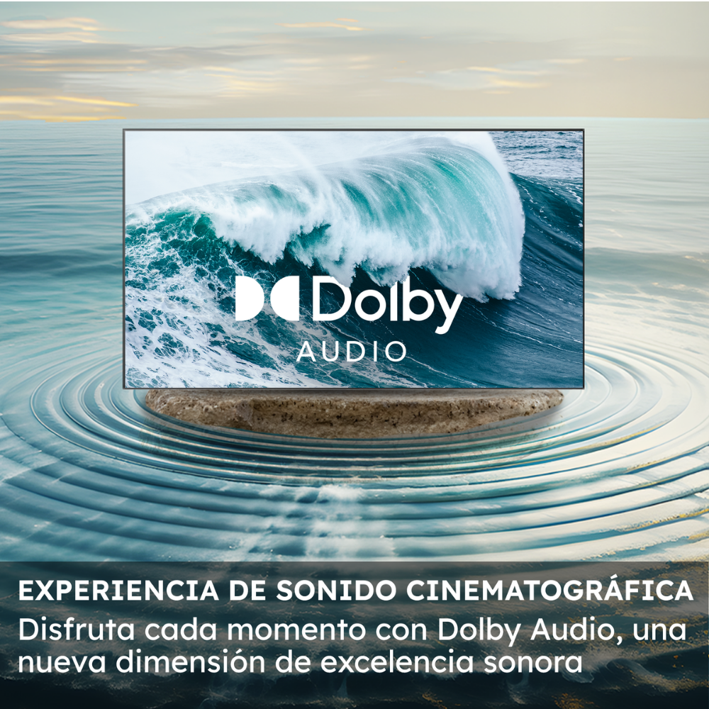 Una pantalla de TV muestra una ola rompiendo con el logo de Dolby Audio.