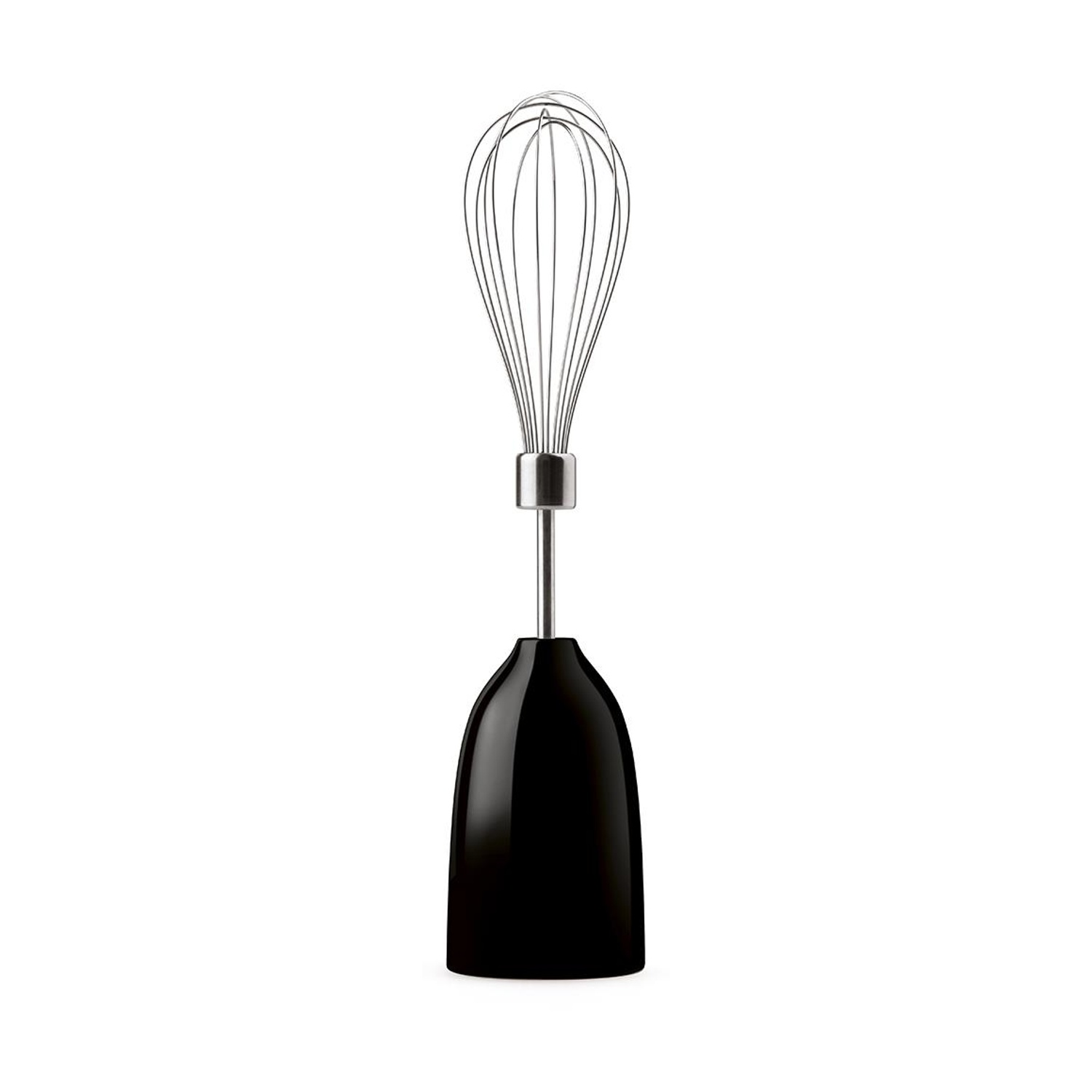 Un accessorio nero per frullatore a immersione con fili argentati su sfondo bianco.