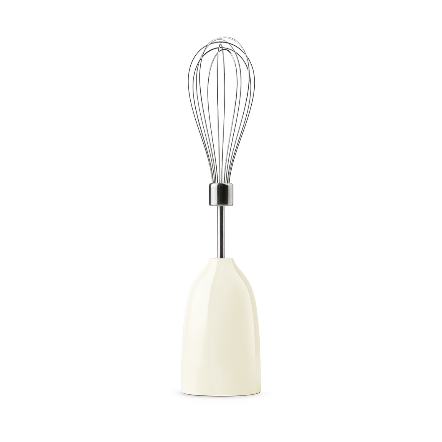 Una frusta color crema con testa in metallo su sfondo bianco.
