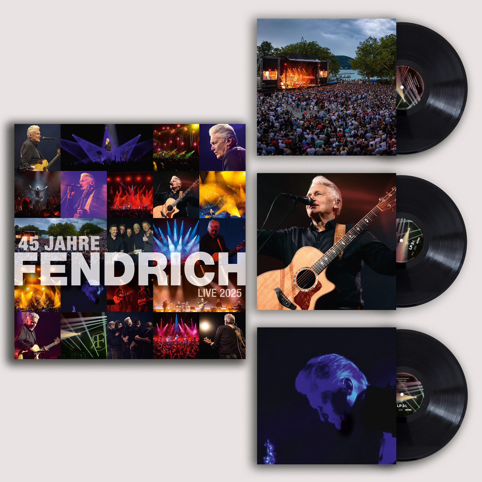 Albumcover mit Collage aus Konzertbildern und Vinyl-Schallplatten daneben.
