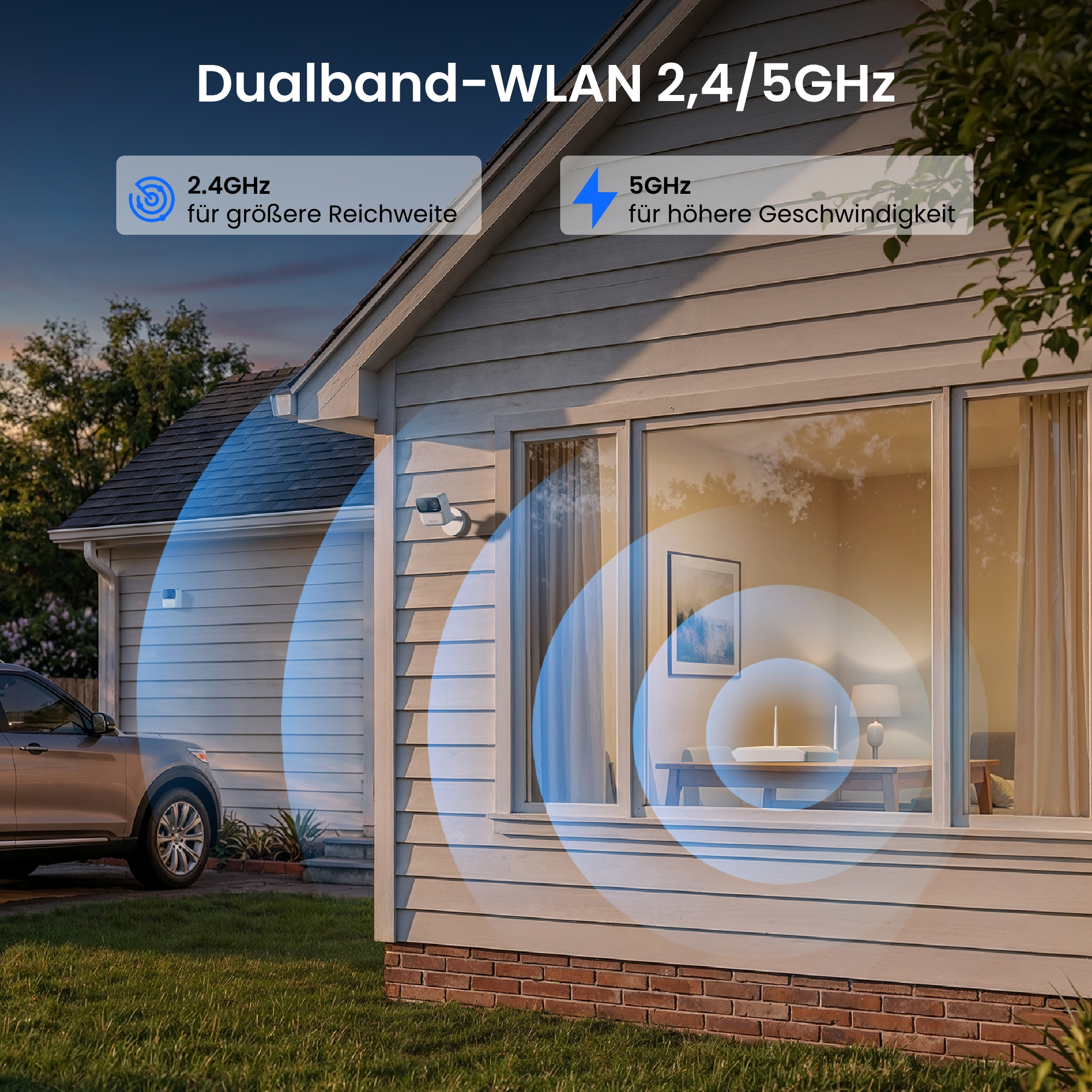 Haus mit WLAN-Symbolen, die 2,4 GHz für Reichweite und 5 GHz für Geschwindigkeit anzeigen.