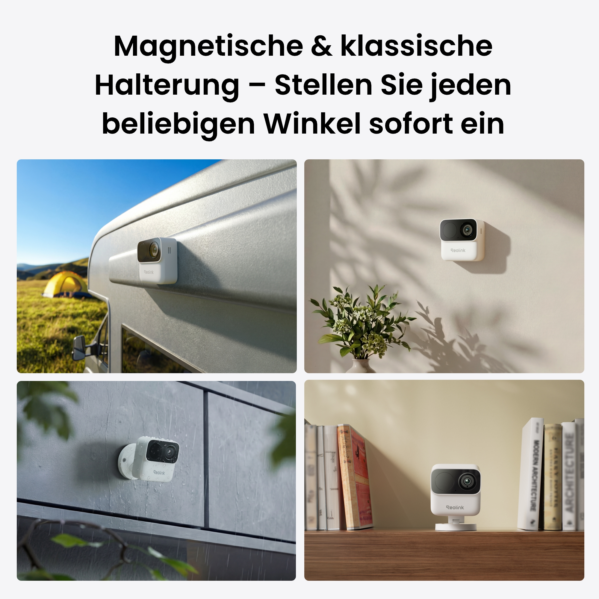 Vier Bilder einer weißen Kamera: an Wohnmobil, Wand, Außenwand, Regal mit Büchern.