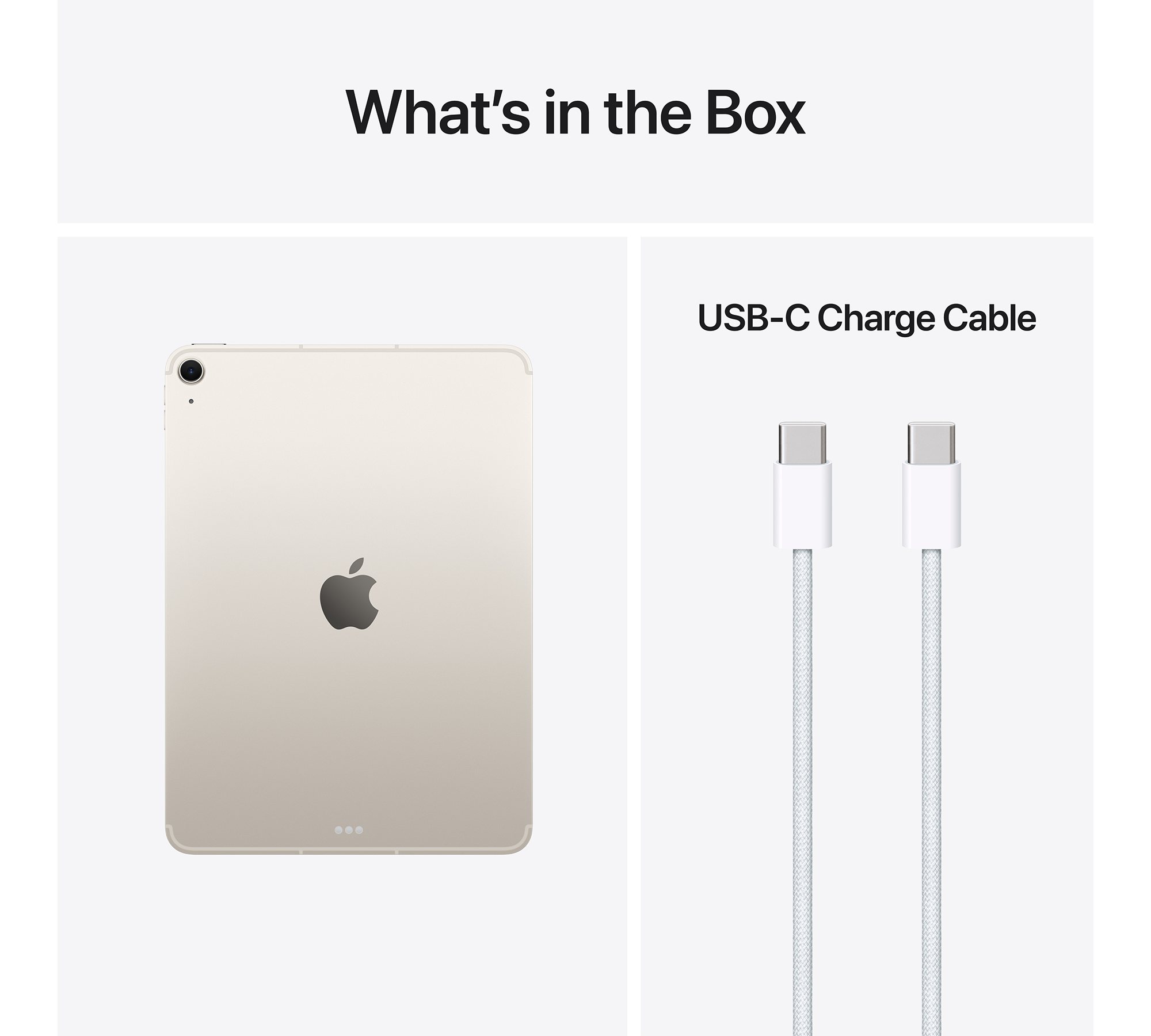 Világos arany iPad és két fehér USB-C kábel.
