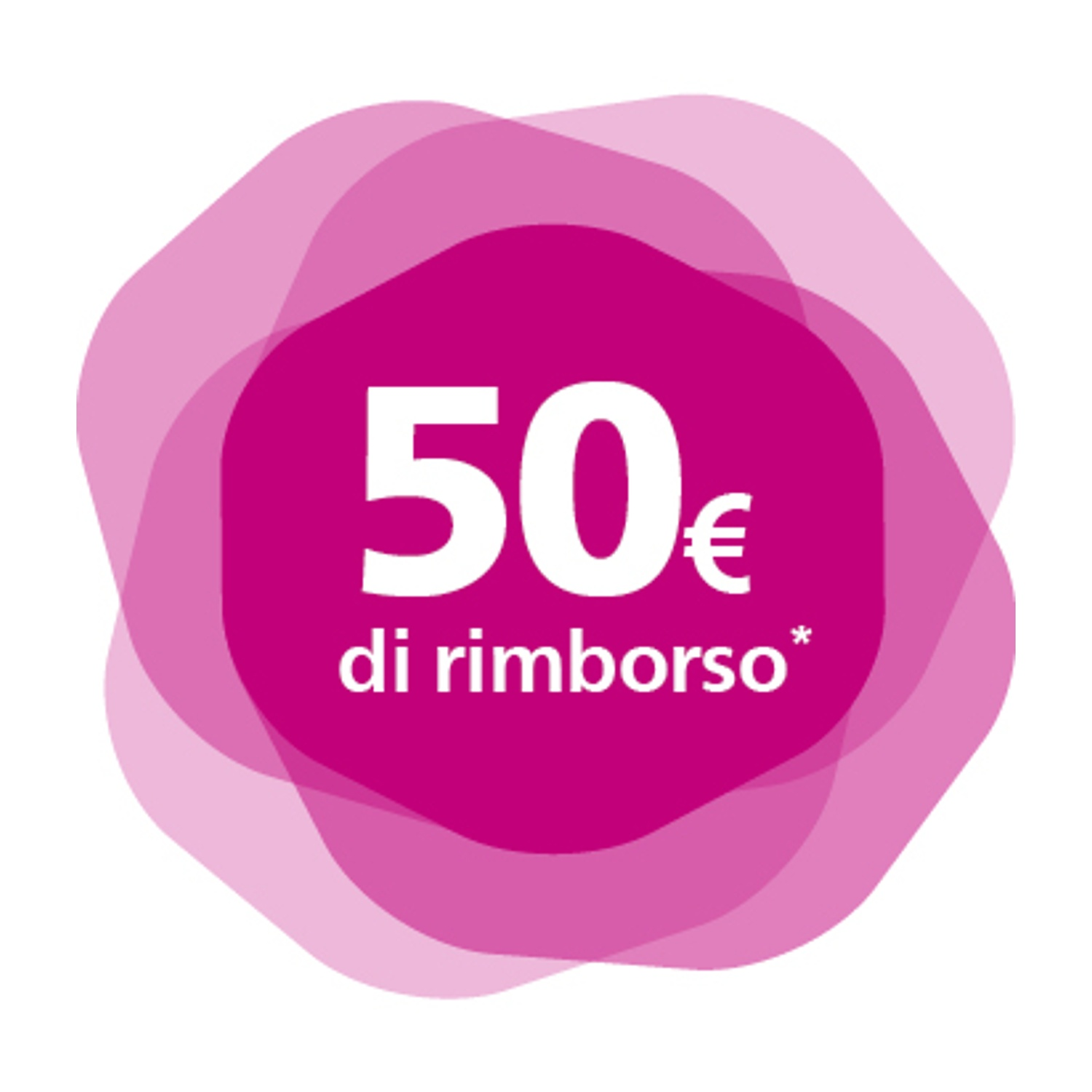 50€ di rimborso su sfondo viola con cerchi sovrapposti.