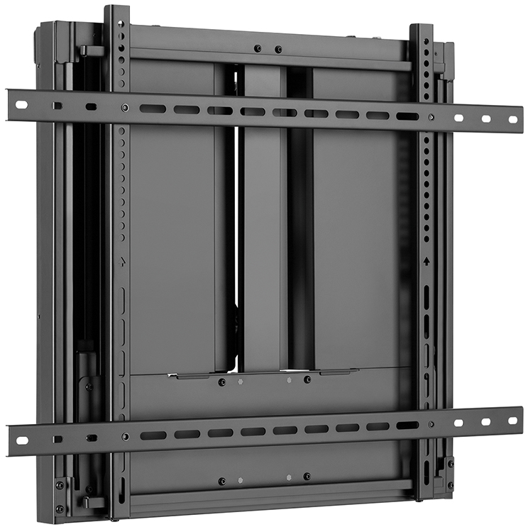 Ein schwarzer, verstellbarer Fernseherhalter mit horizontalen Schienen und vertikalen Befestigungslöchern.