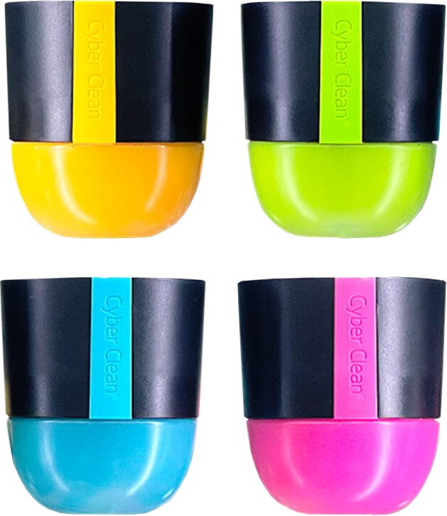 Vier Cyber Clean Reinigungsgeräte in Gelb, Grün, Blau und Pink.