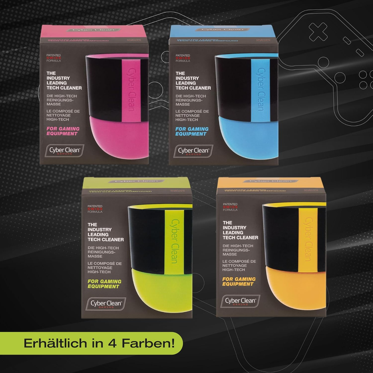 Vier Cyber Clean-Produkte in Pink, Blau, Grün und Orange auf einem dunklen Hintergrund.