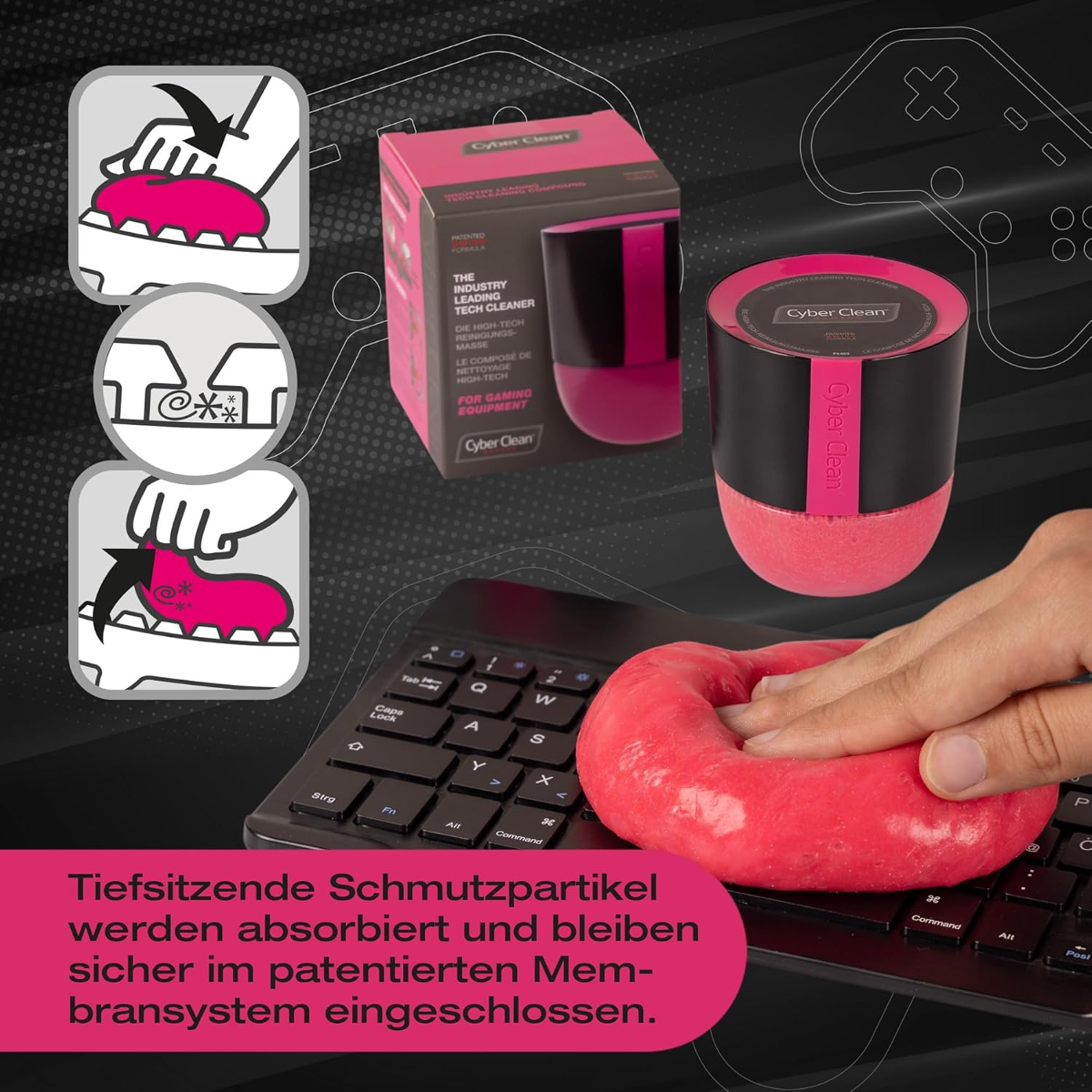 Cyber Clean-Reinigungsmasse mit Anleitung und Tastatur.