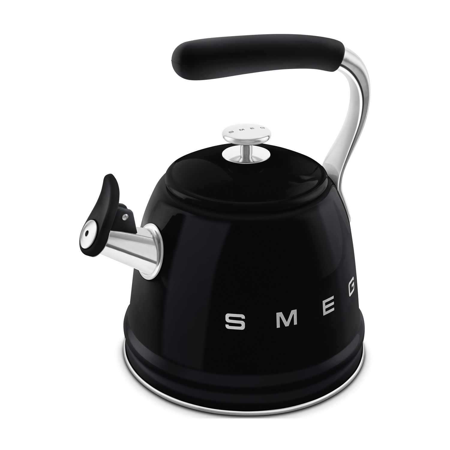 Bollitore Smeg nero con manico e coperchio argentati, su sfondo bianco.