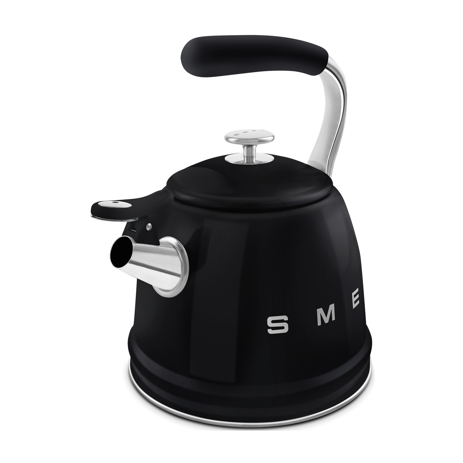 Bollitore Smeg nero con manico e beccuccio argentati, su sfondo bianco.