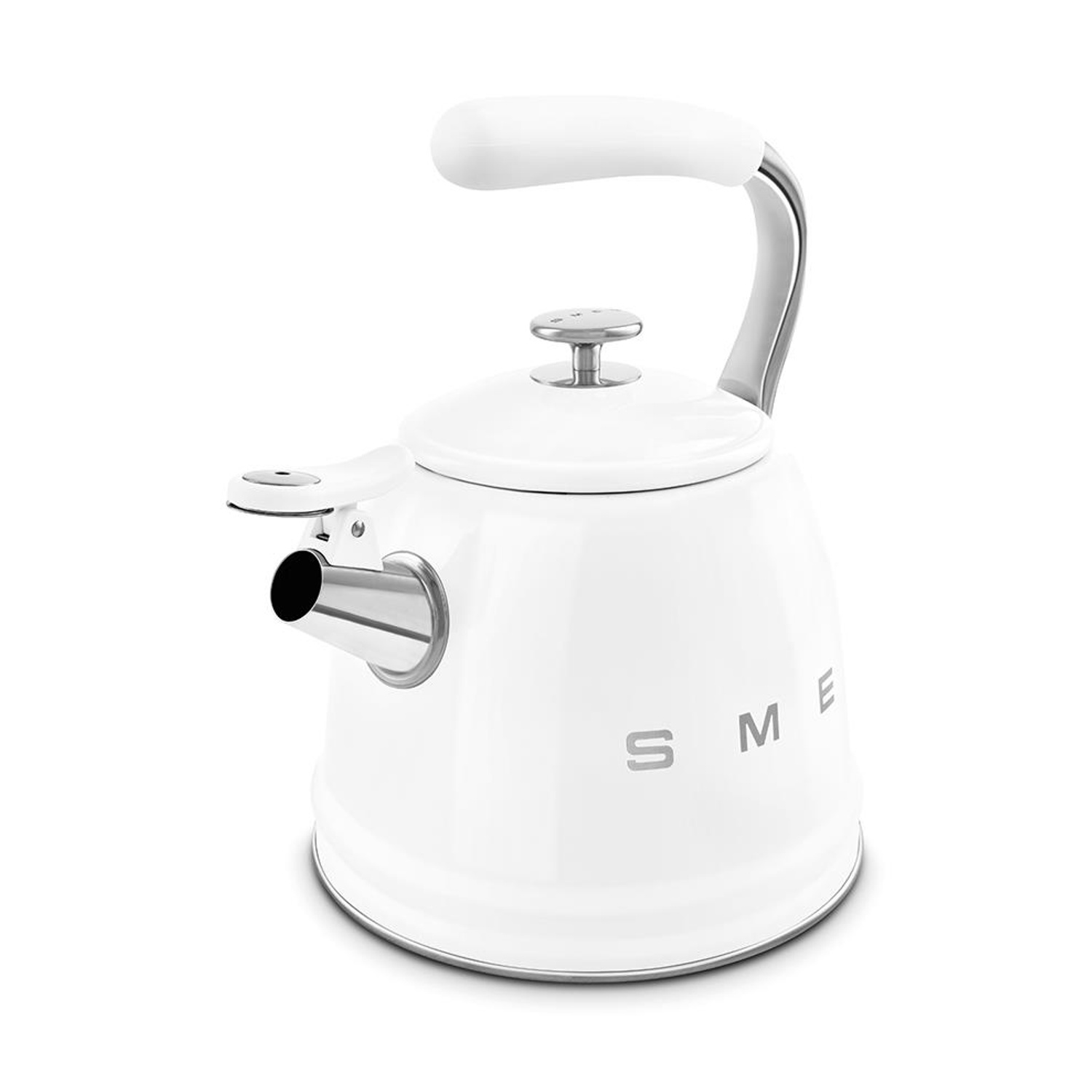Un bollitore SMEG bianco con manico e coperchio argentati.