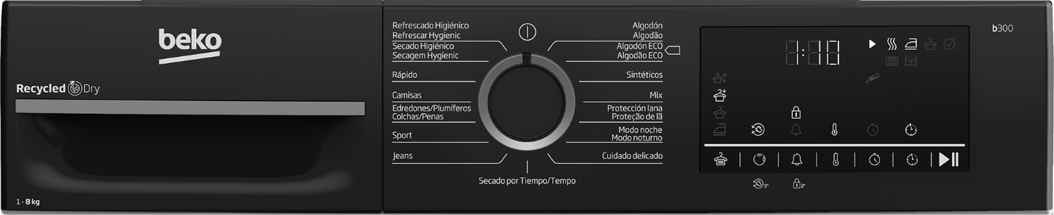 Secadora Beko negra con pantalla digital y selector de programas.