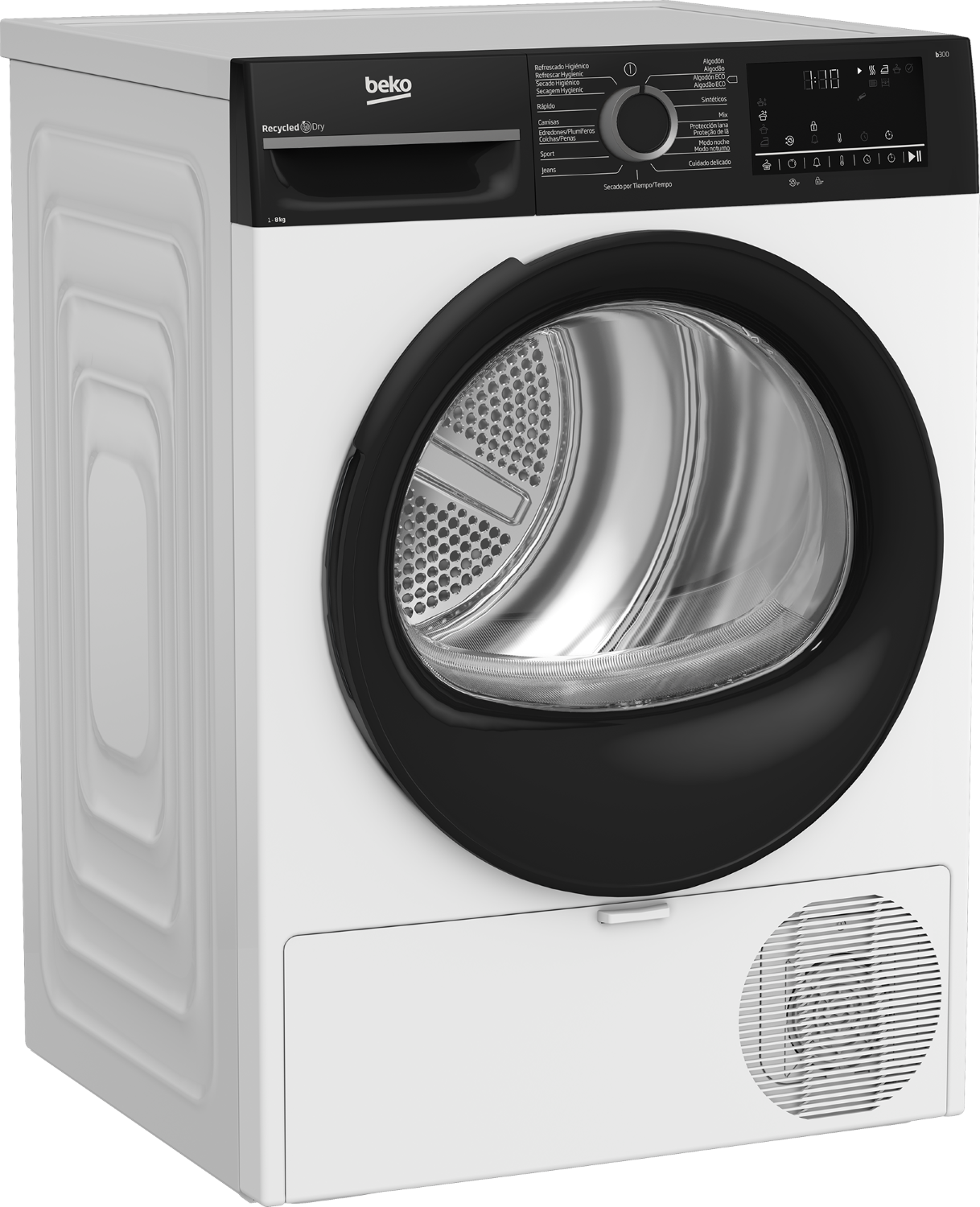 Una secadora Beko blanca con puerta y panel de control negros.