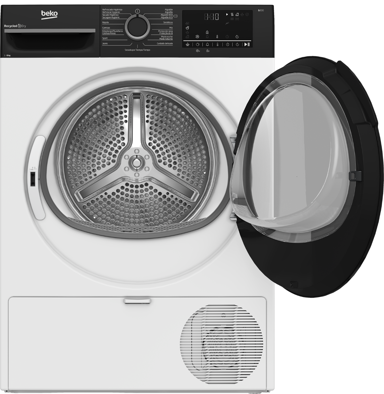 Una secadora de ropa Beko blanca con la puerta negra abierta y panel de control.