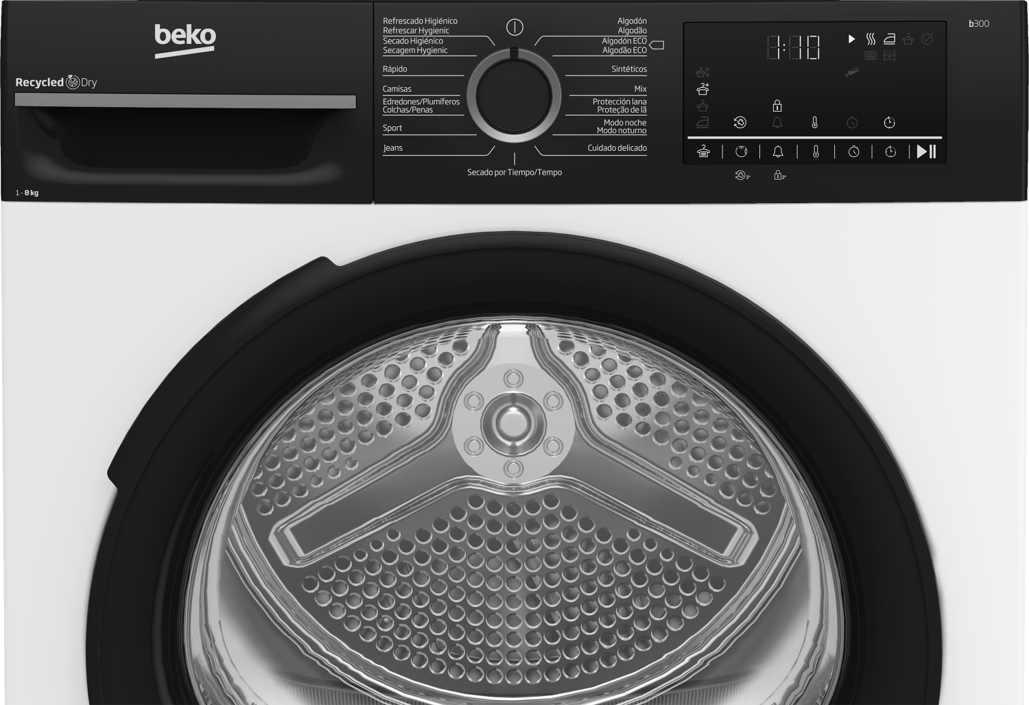 Una lavadora Beko blanca con panel de control negro y tambor plateado.