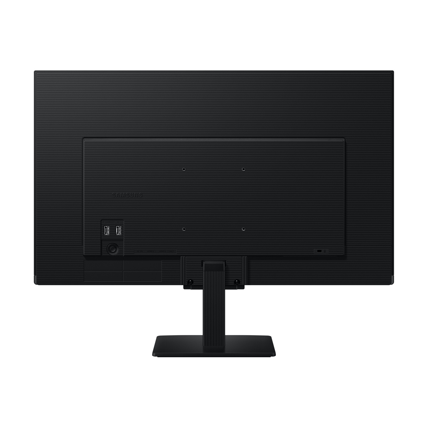 Retro di un monitor Samsung nero con porte e supporto.