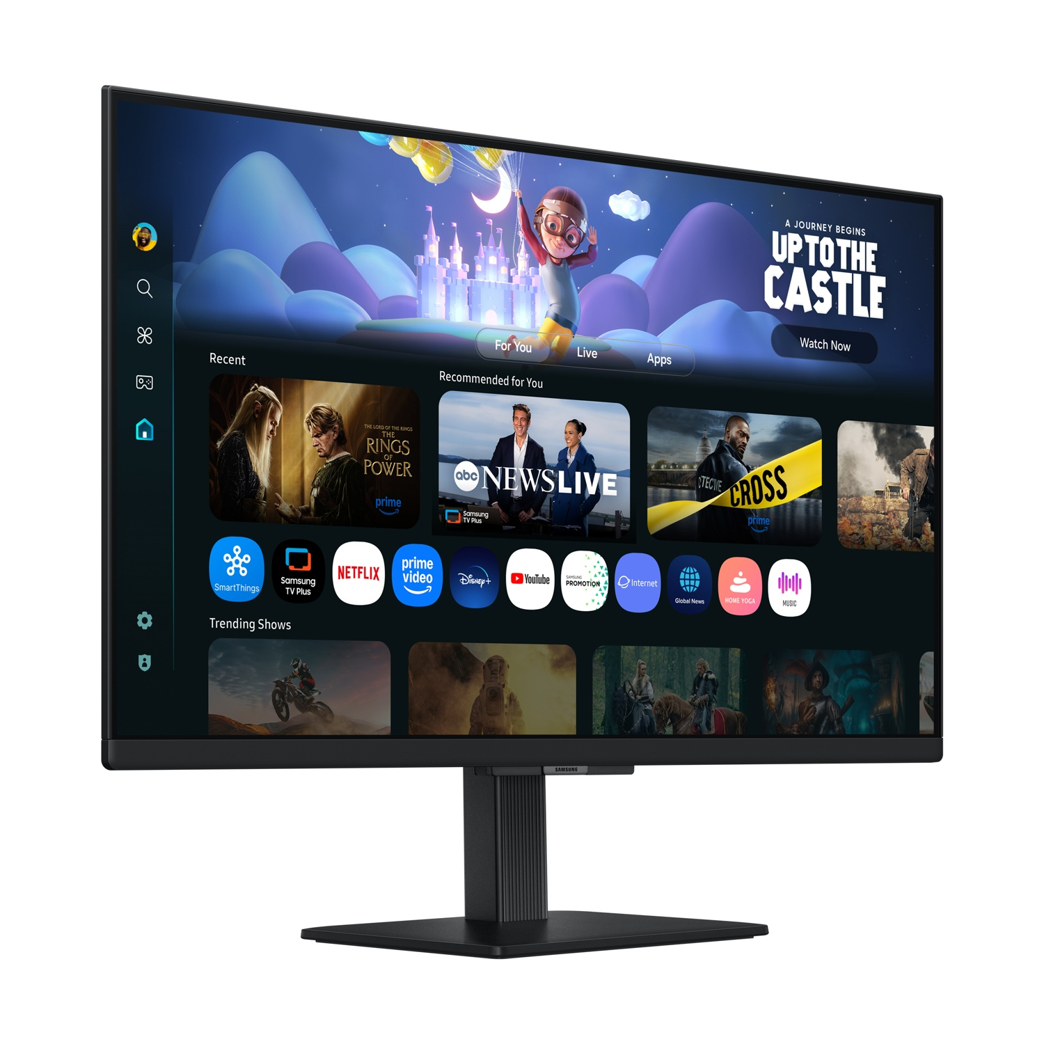 Un monitor nero mostra un'interfaccia smart TV con anteprime di film e app.
