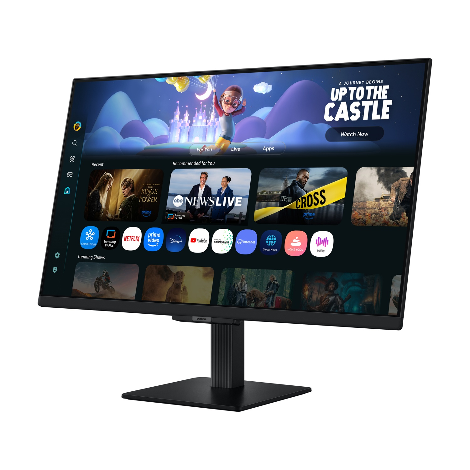 Un monitor moderno mostra un'interfaccia con app e contenuti come Netflix e Disney+.