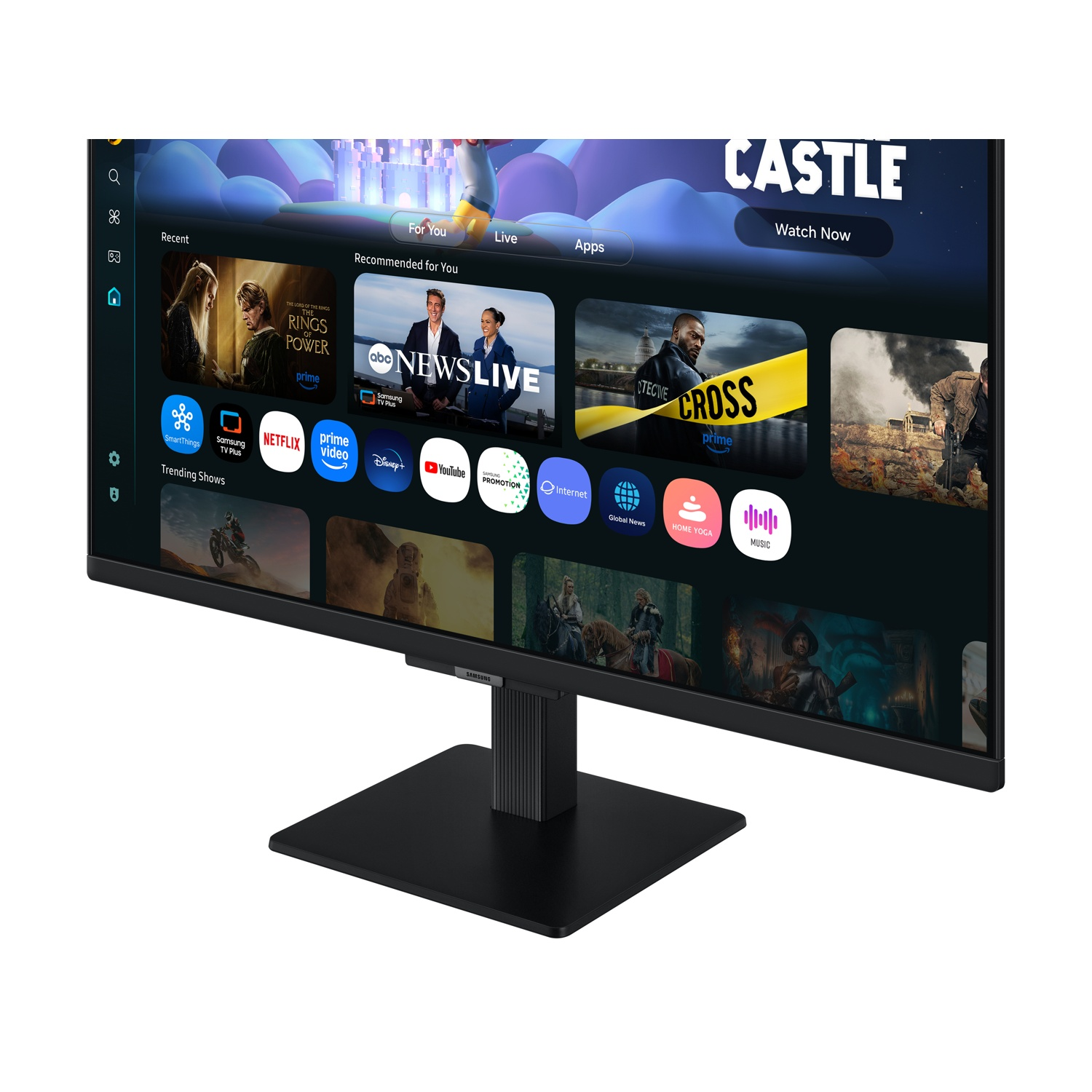 Un monitor nero mostra un'interfaccia smart TV con app come Netflix, Prime Video e YouTube.