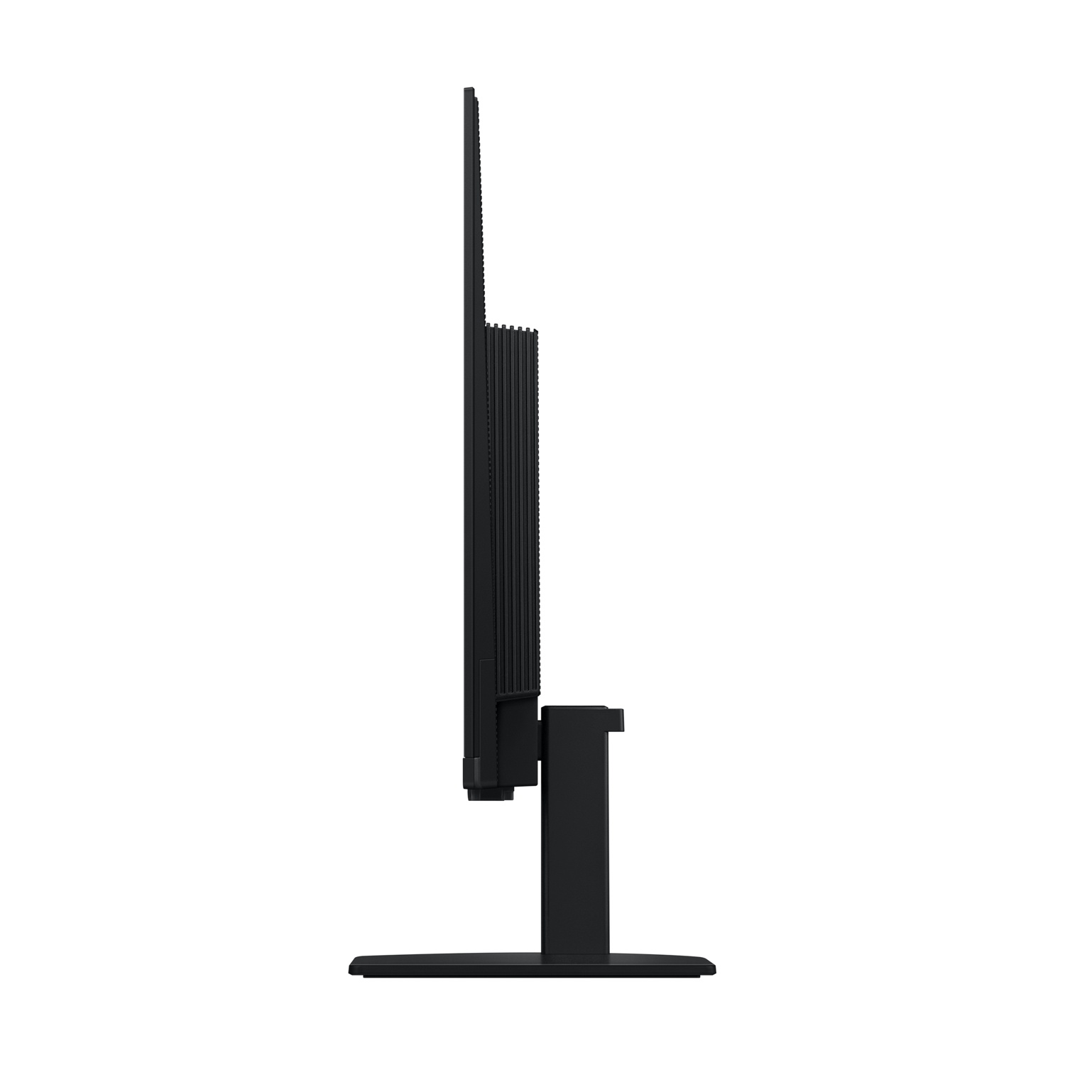 Monitor del computer nero visto di lato su sfondo bianco.