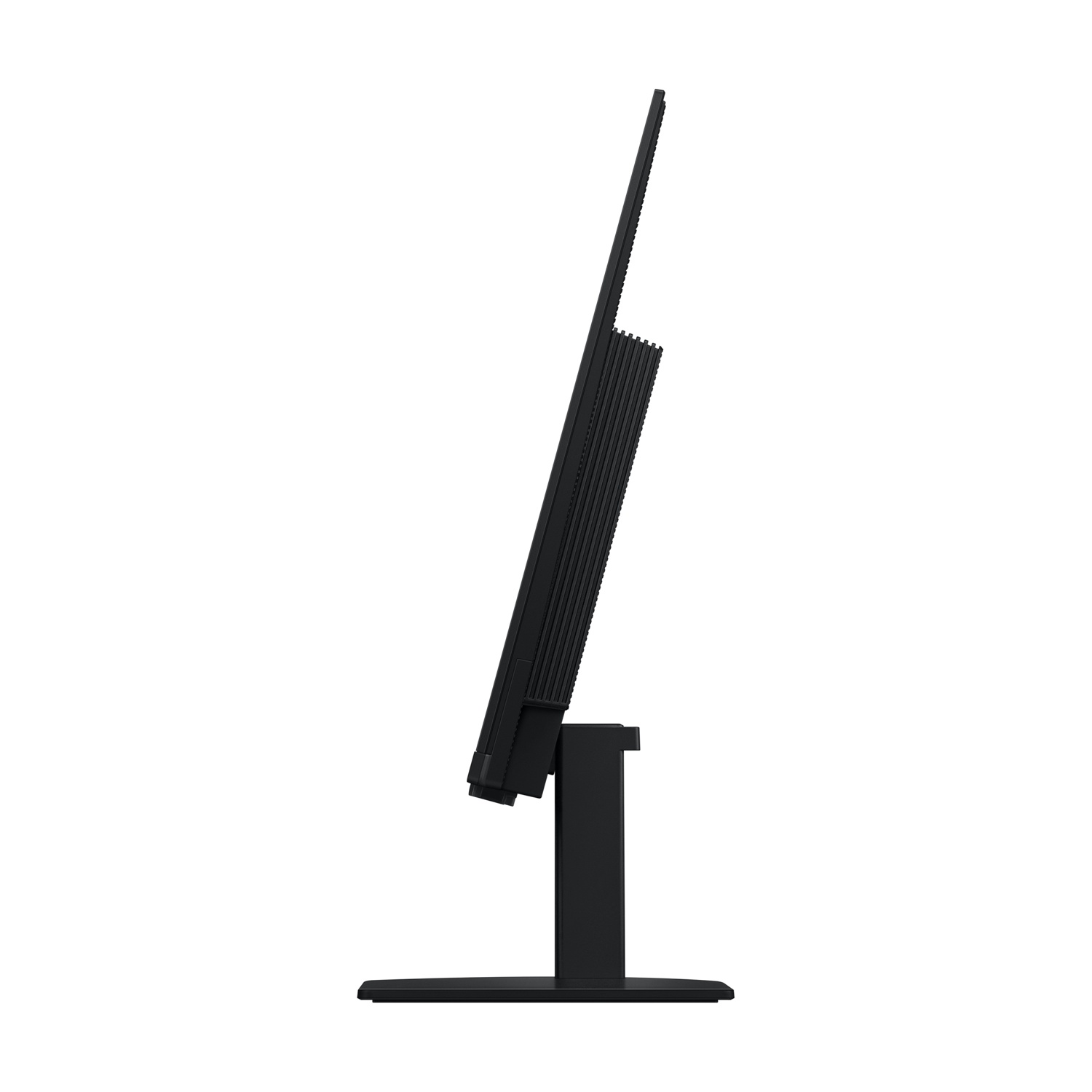 Monitor del computer nero visto di profilo su sfondo bianco.