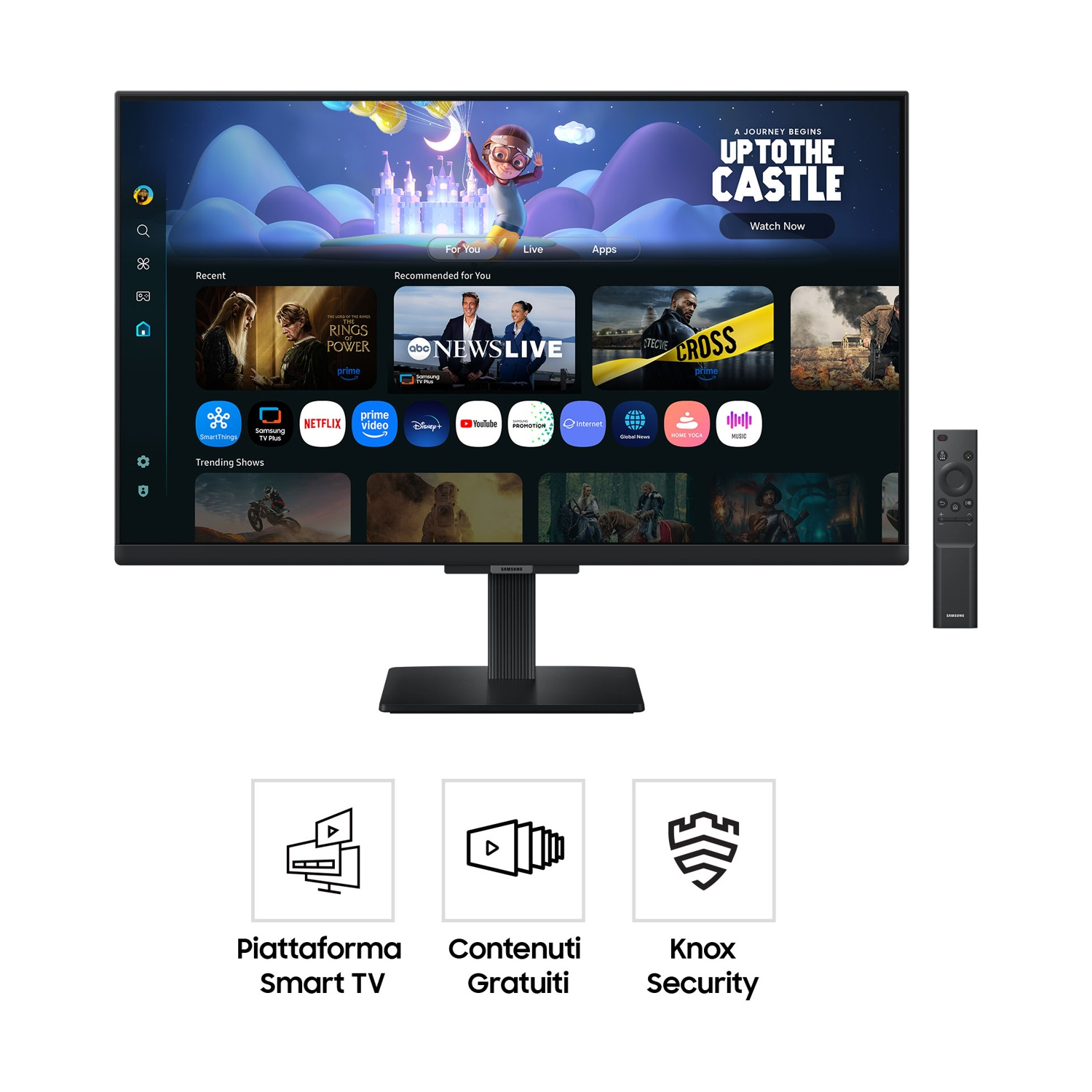 Una moderna Smart TV Samsung con telecomando e interfaccia utente.