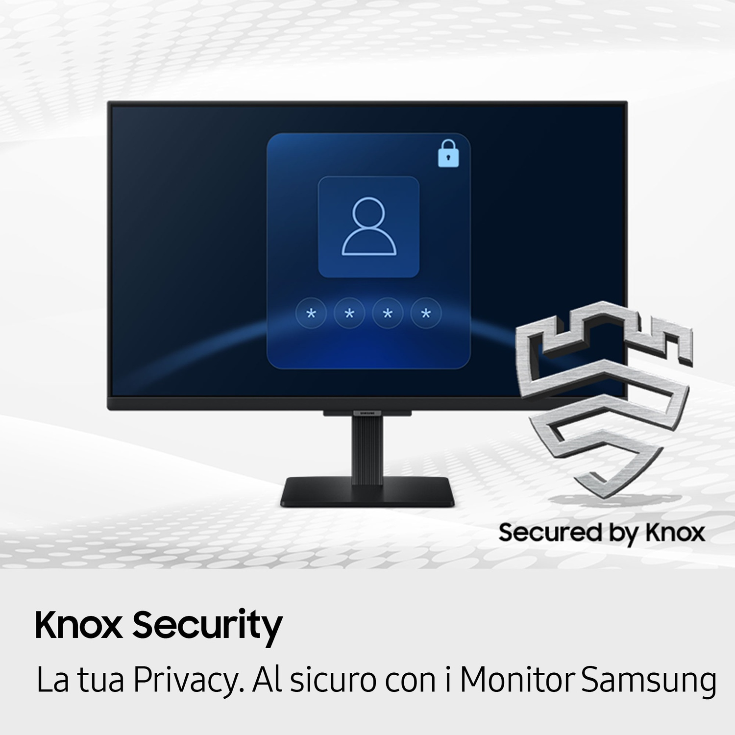 Un monitor che mostra un'icona di lucchetto e il logo Knox. Testo: Knox Security.