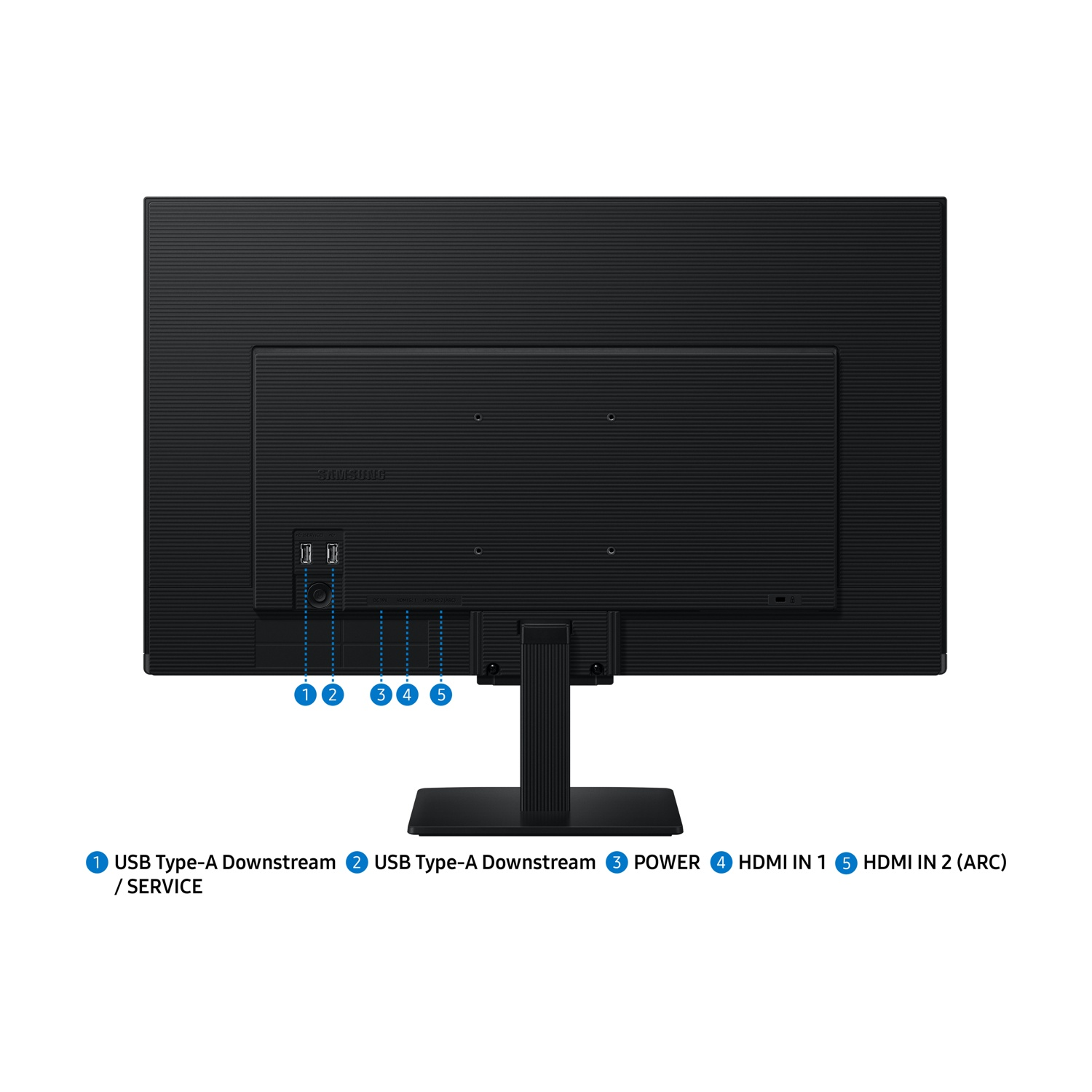 Retro di un monitor nero con porte: 2x USB, Alimentazione, 2x HDMI.