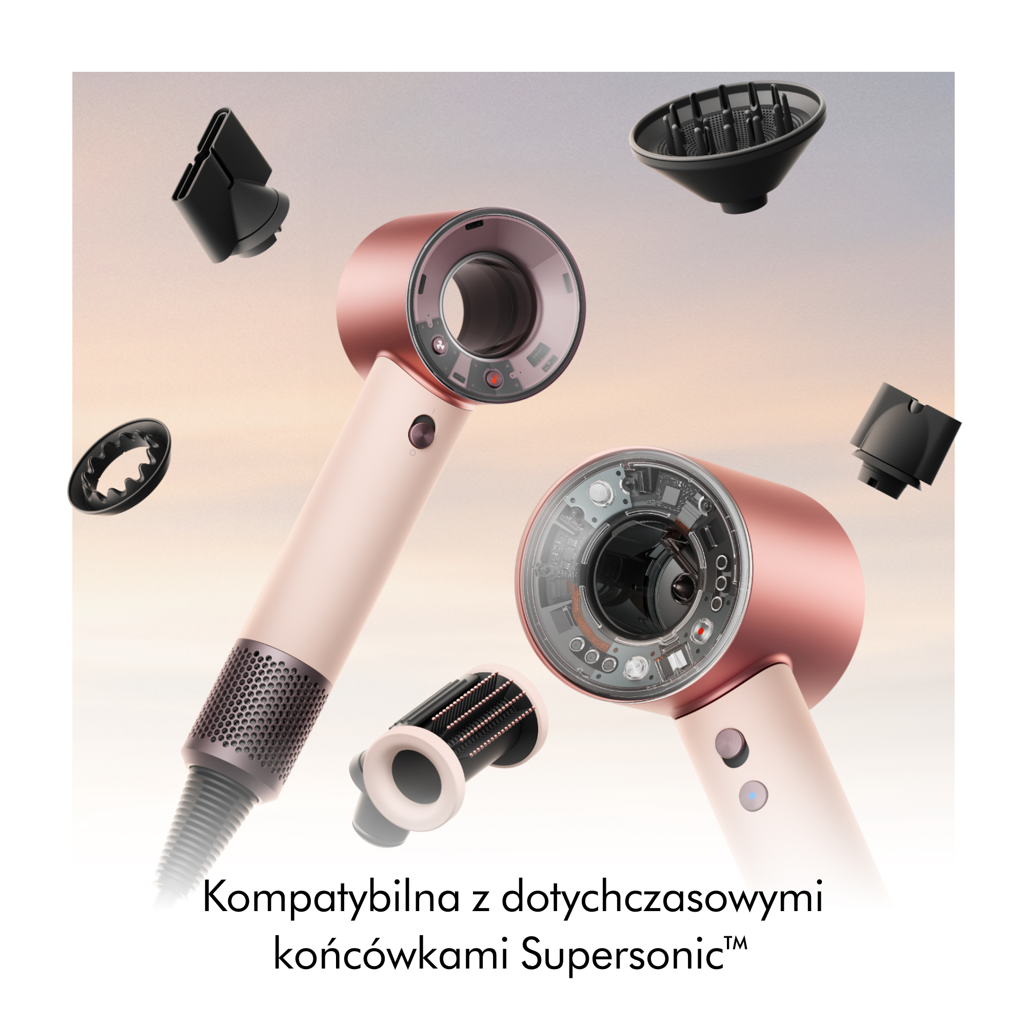 Dwa różowo-złote głowice suszarki do włosów z różnymi nasadkami.