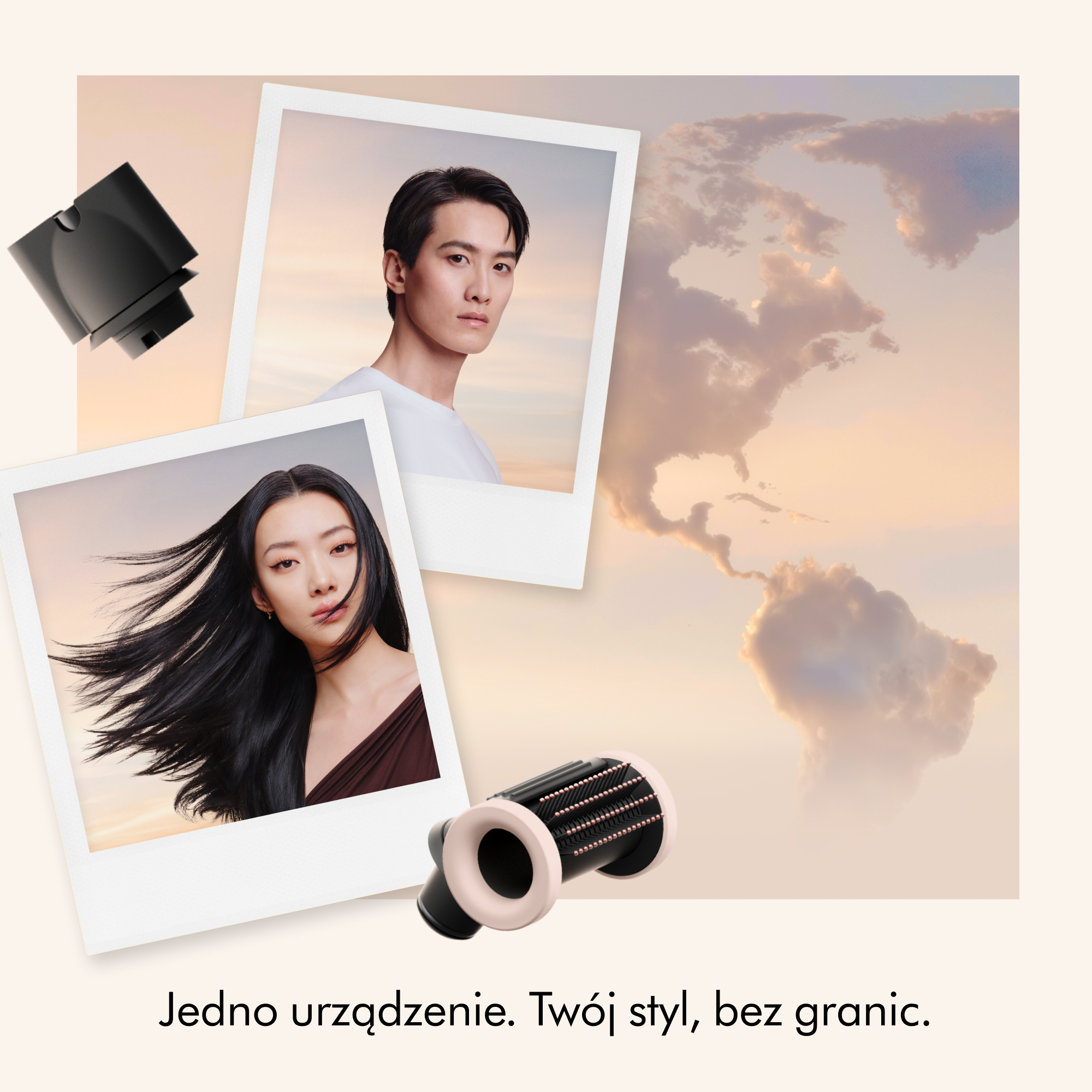 Mężczyzna i kobieta na polaroidach, ze stylizatorami i mapą świata na niebie.