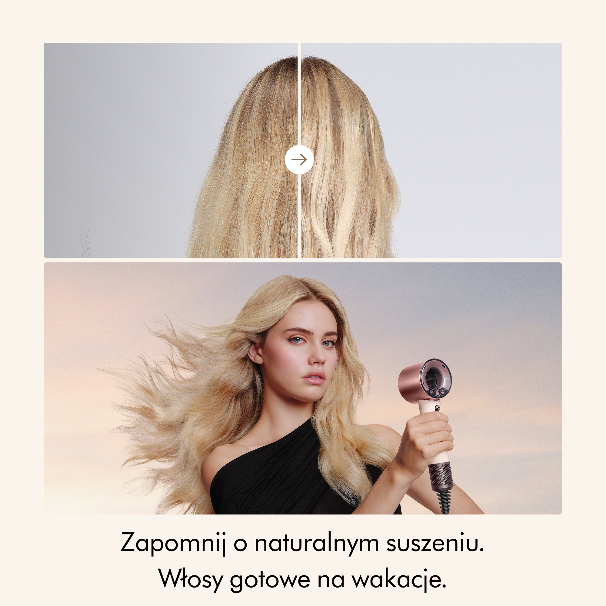 Kobieta z blond włosami trzyma różowo-złotą suszarkę na tle nieba o zachodzie słońca.