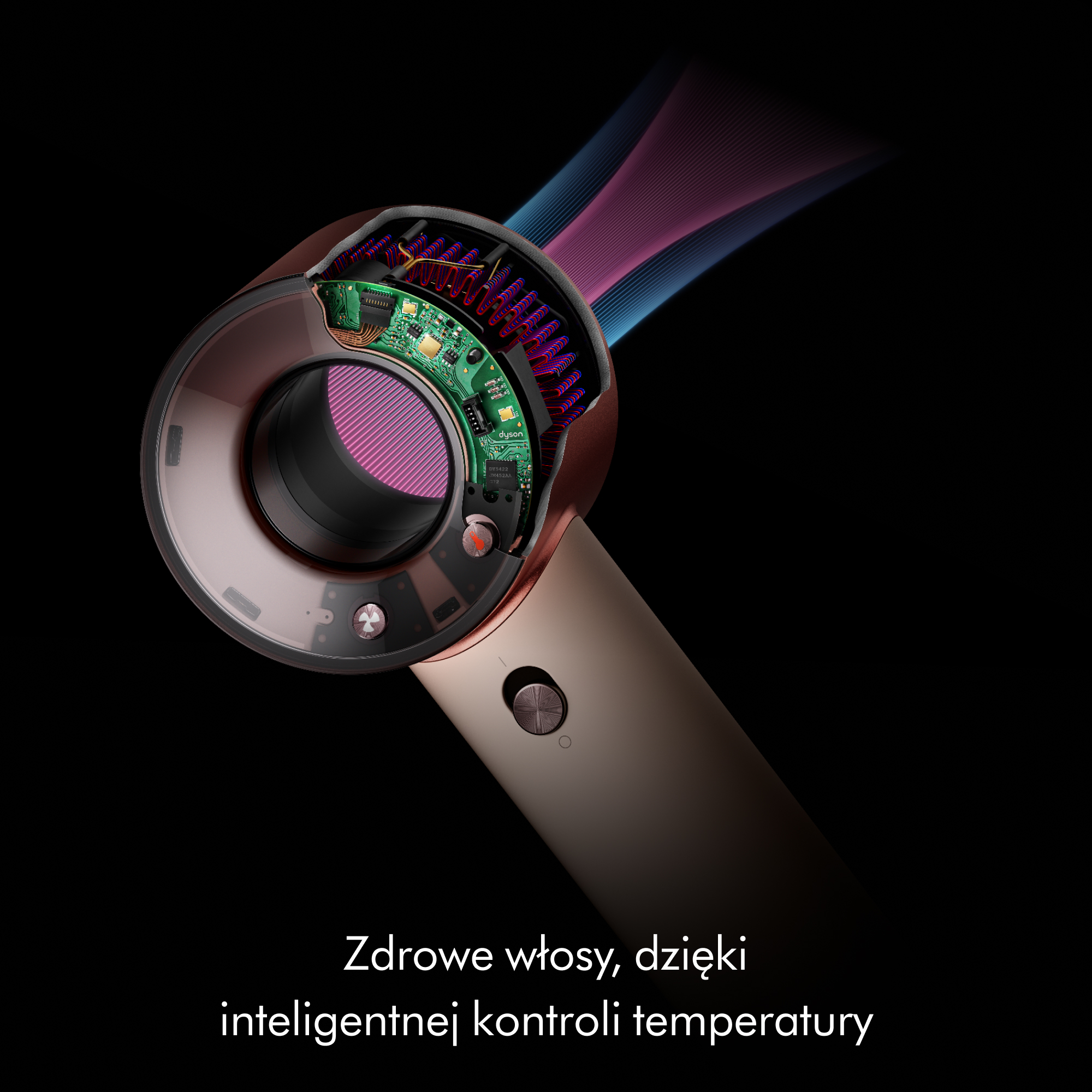 Suszarka do włosów z odsłoniętą elektroniką i przepływem powietrza.