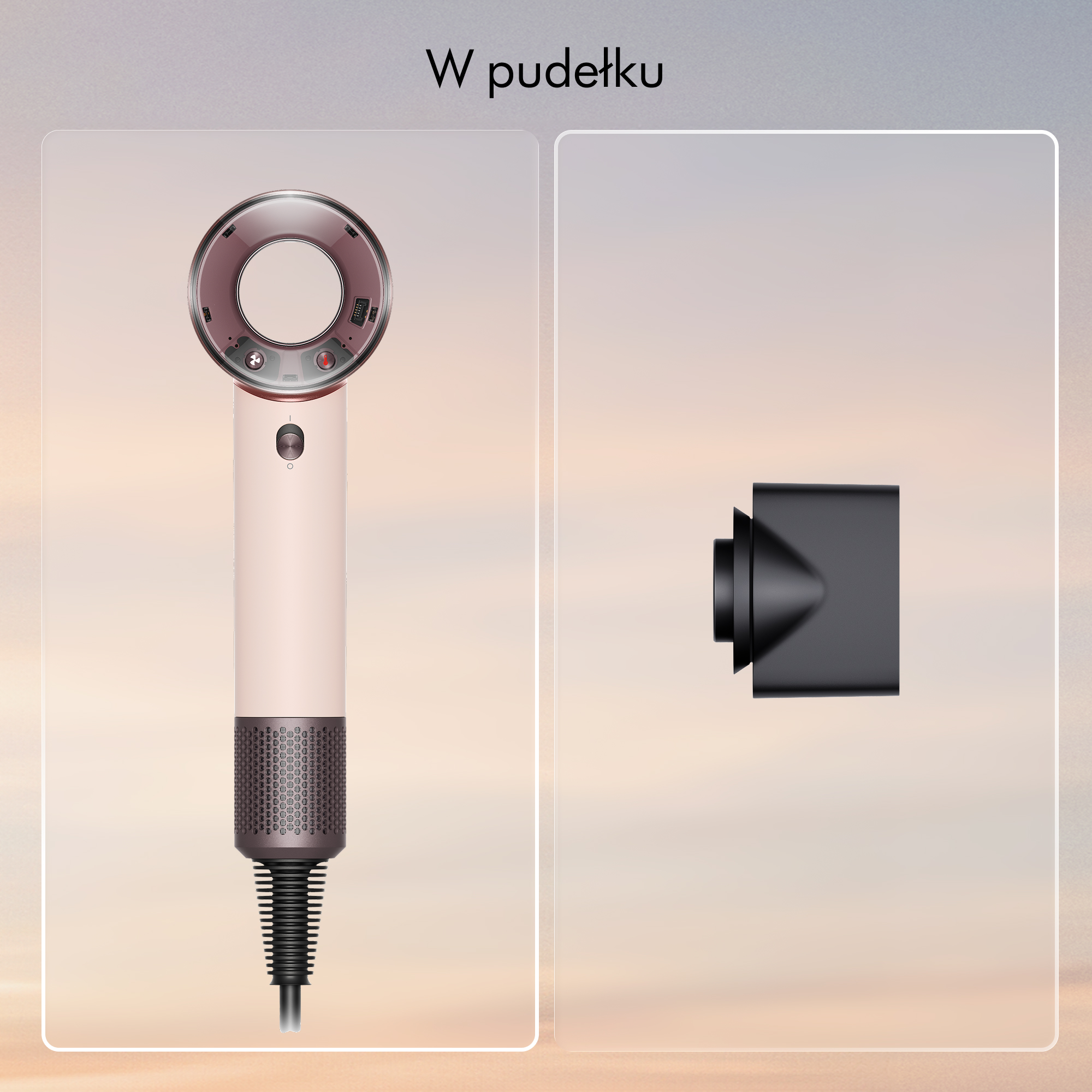 Różowa suszarka do włosów z czarną dyszą na jasnym tle.