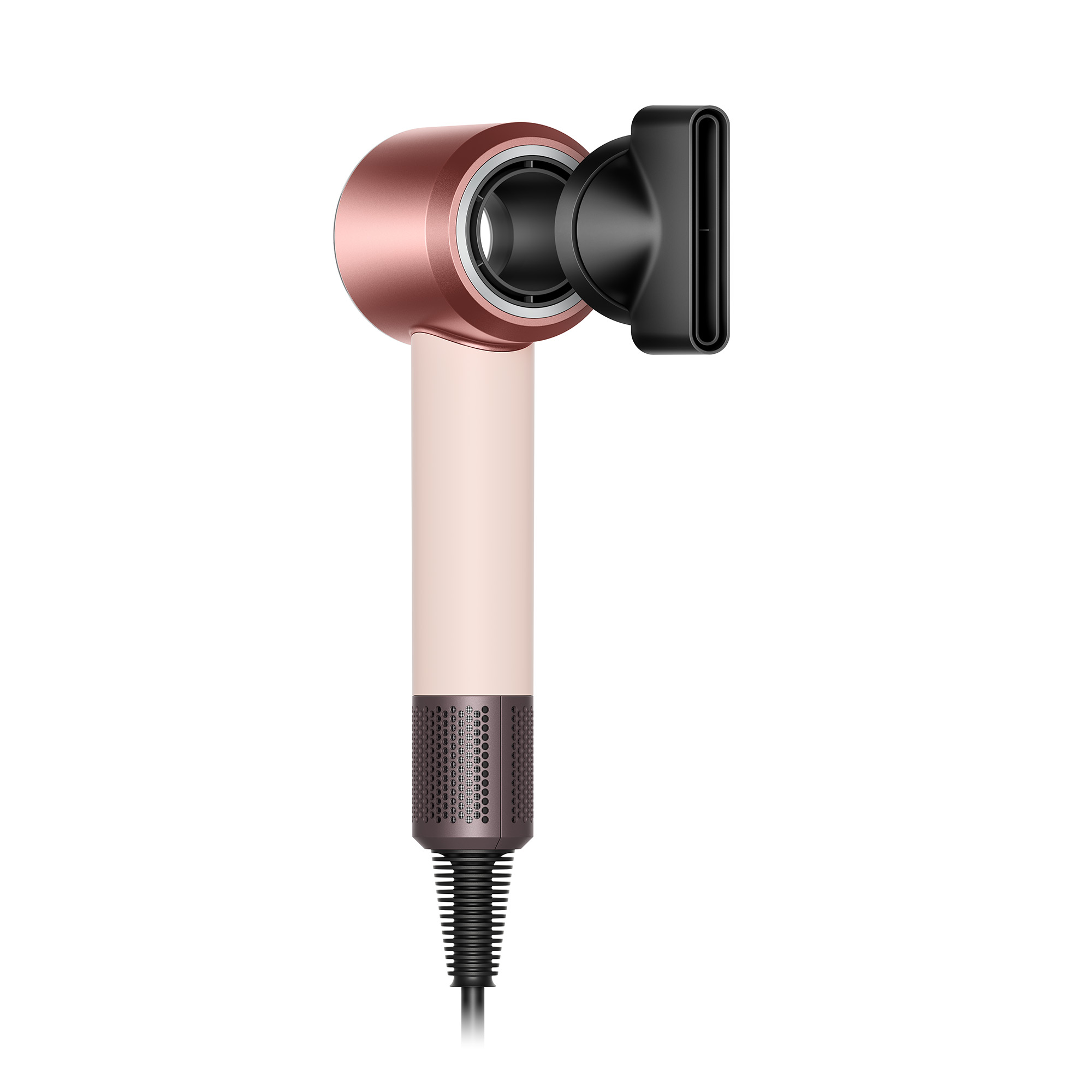 Różowo-złota suszarka do włosów z czarną dyszą na białym tle.