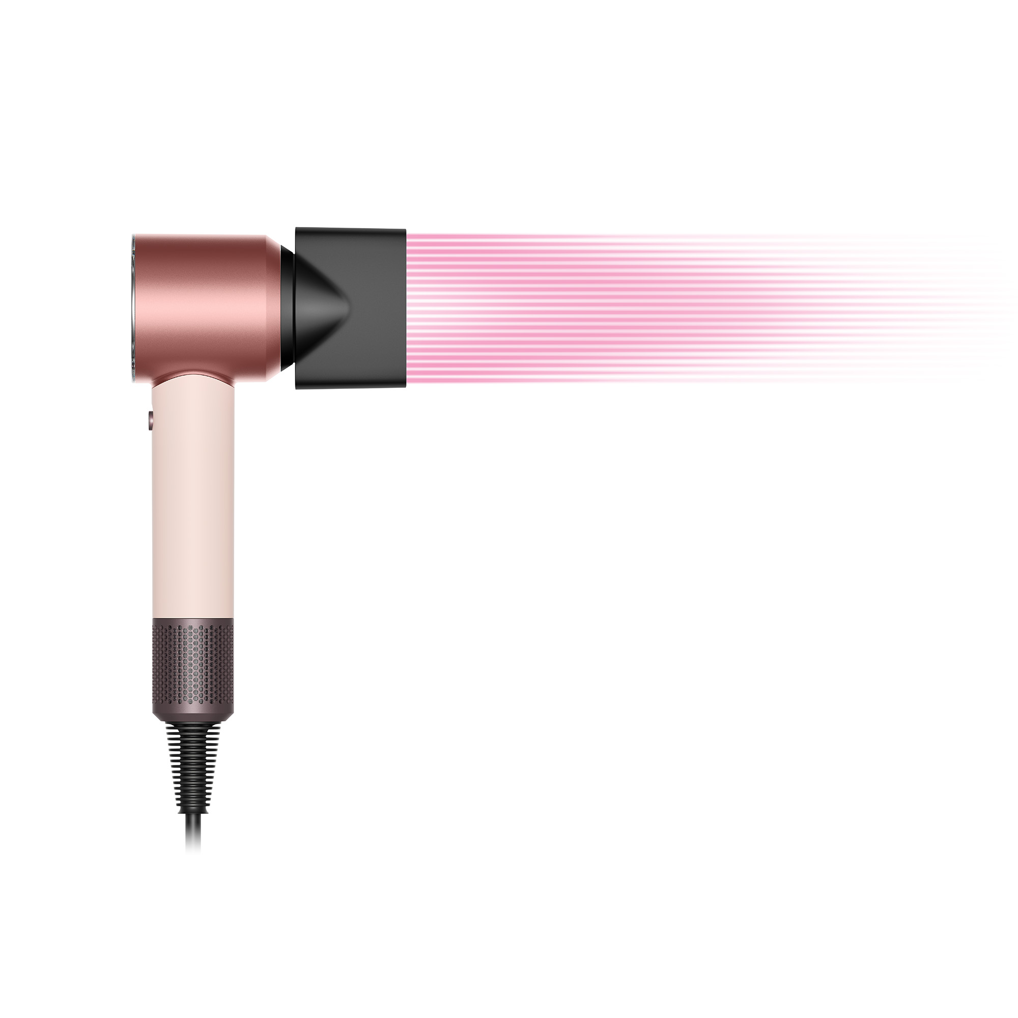 Różowozłota suszarka do włosów z czarną dyszą emitującą różowe strumienie powietrza.
