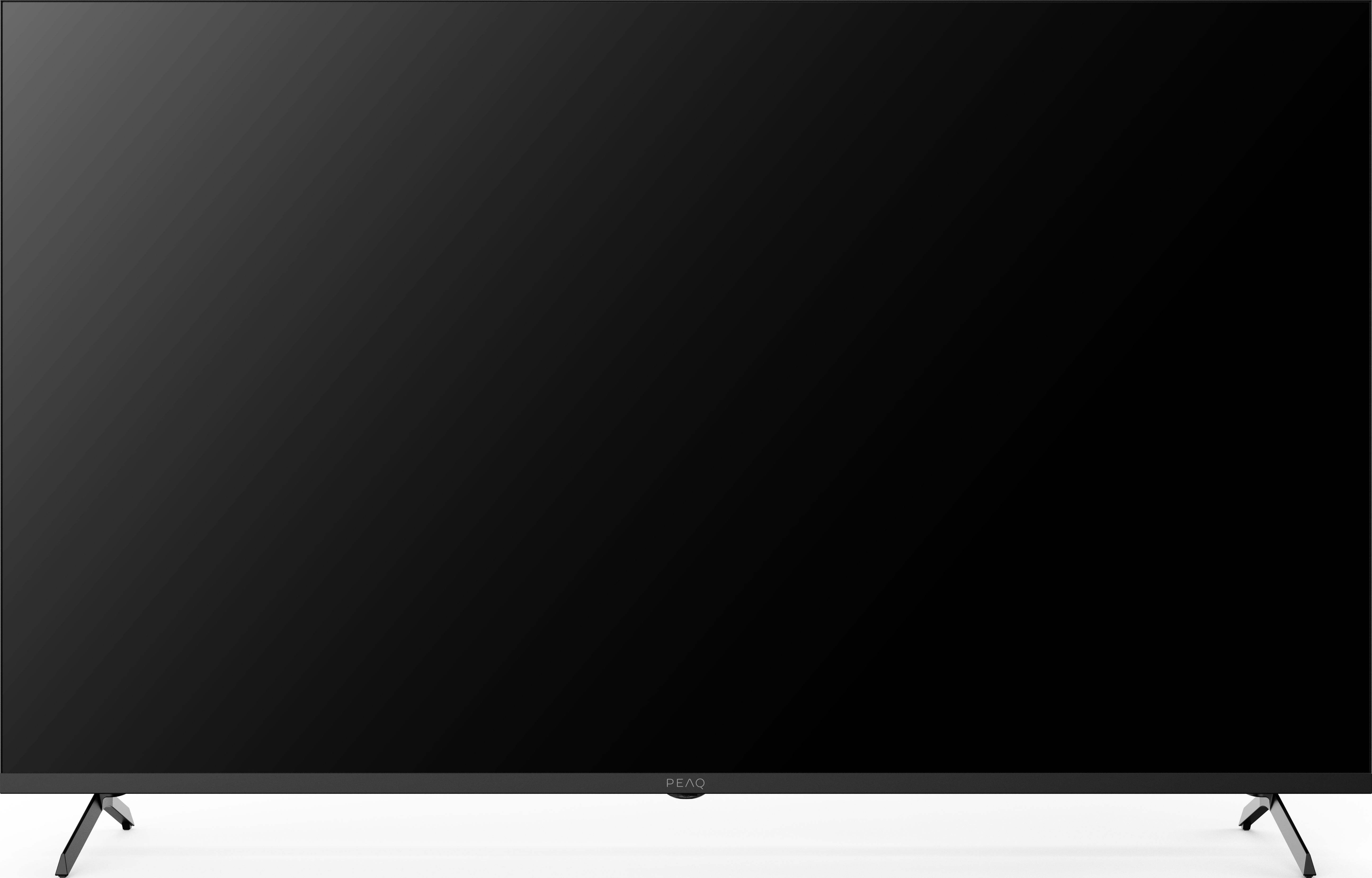Une télévision noire moderne à cadre fin avec deux pieds métalliques.