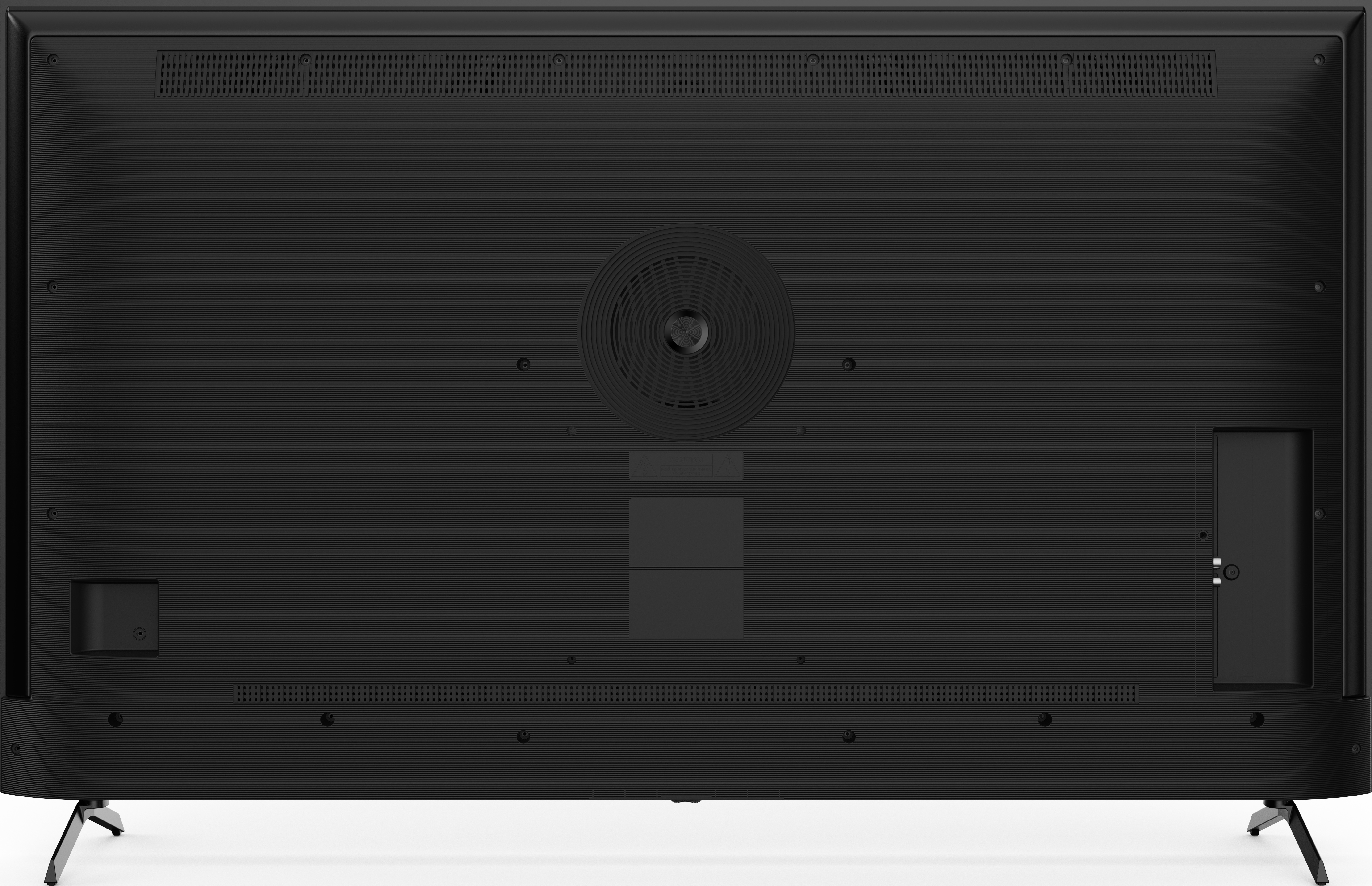 Arrière d'un téléviseur noir avec évents et ports. Surface texturée.