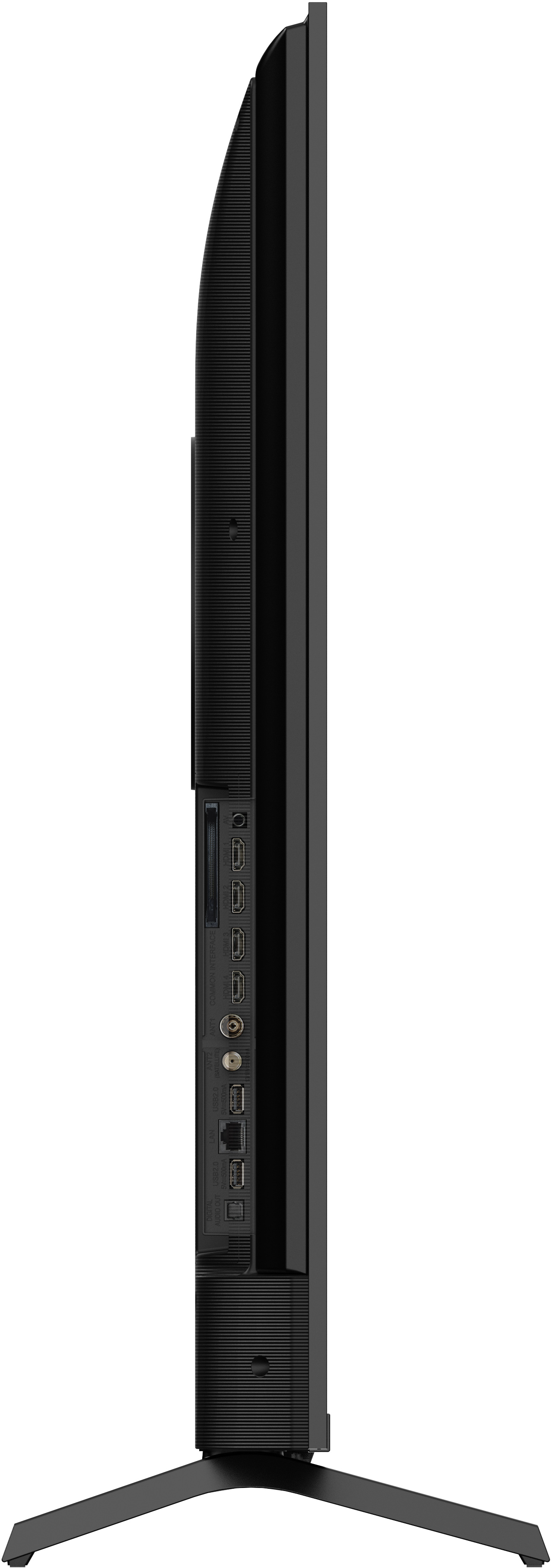Vue latérale d'une télévision noire mince avec des ports et un support.
