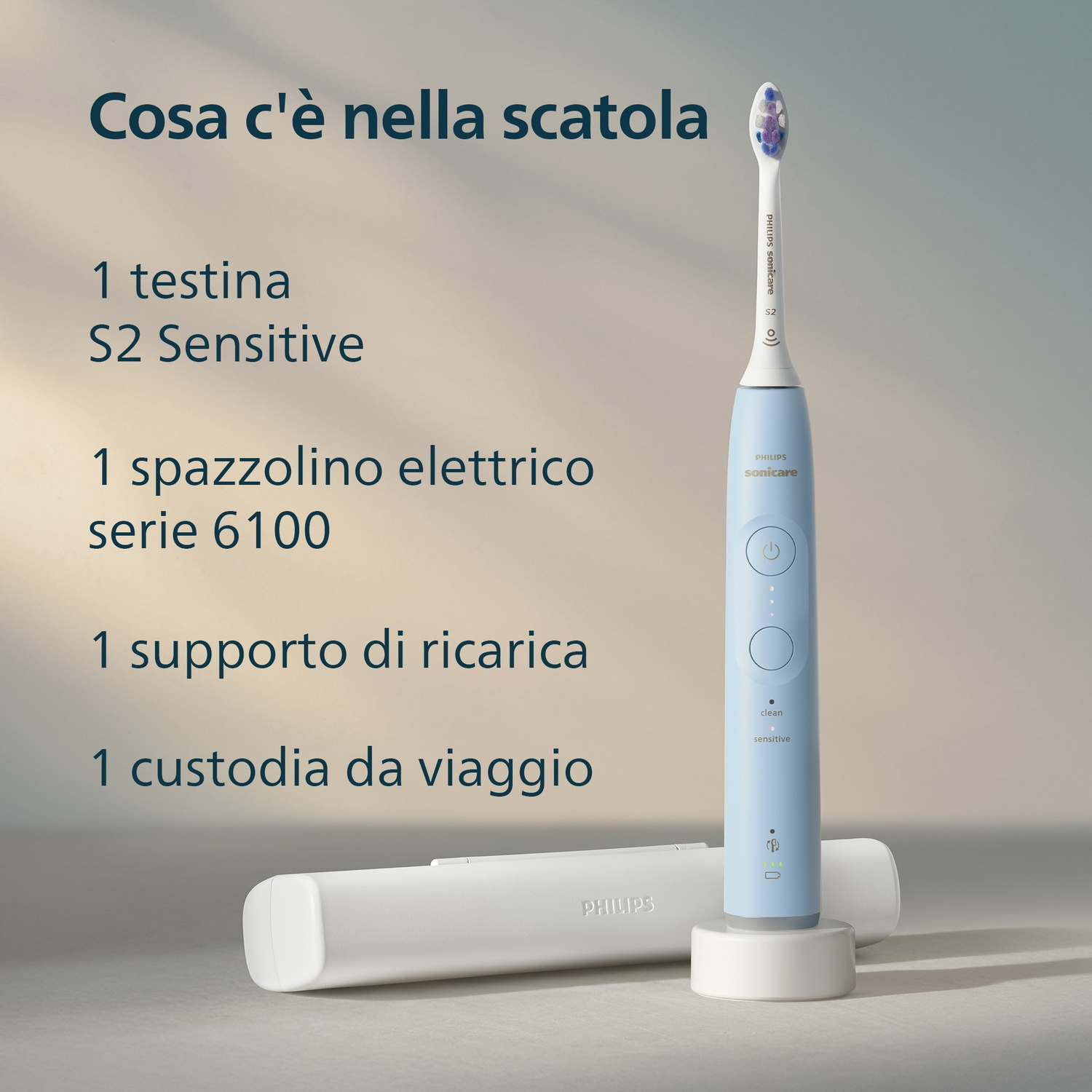Un set di spazzolino elettrico Philips Sonicare azzurro con accessori.
