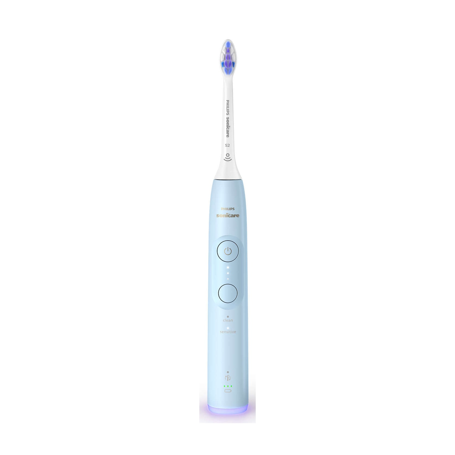 Uno spazzolino elettrico azzurro con manico bianco e setole blu.