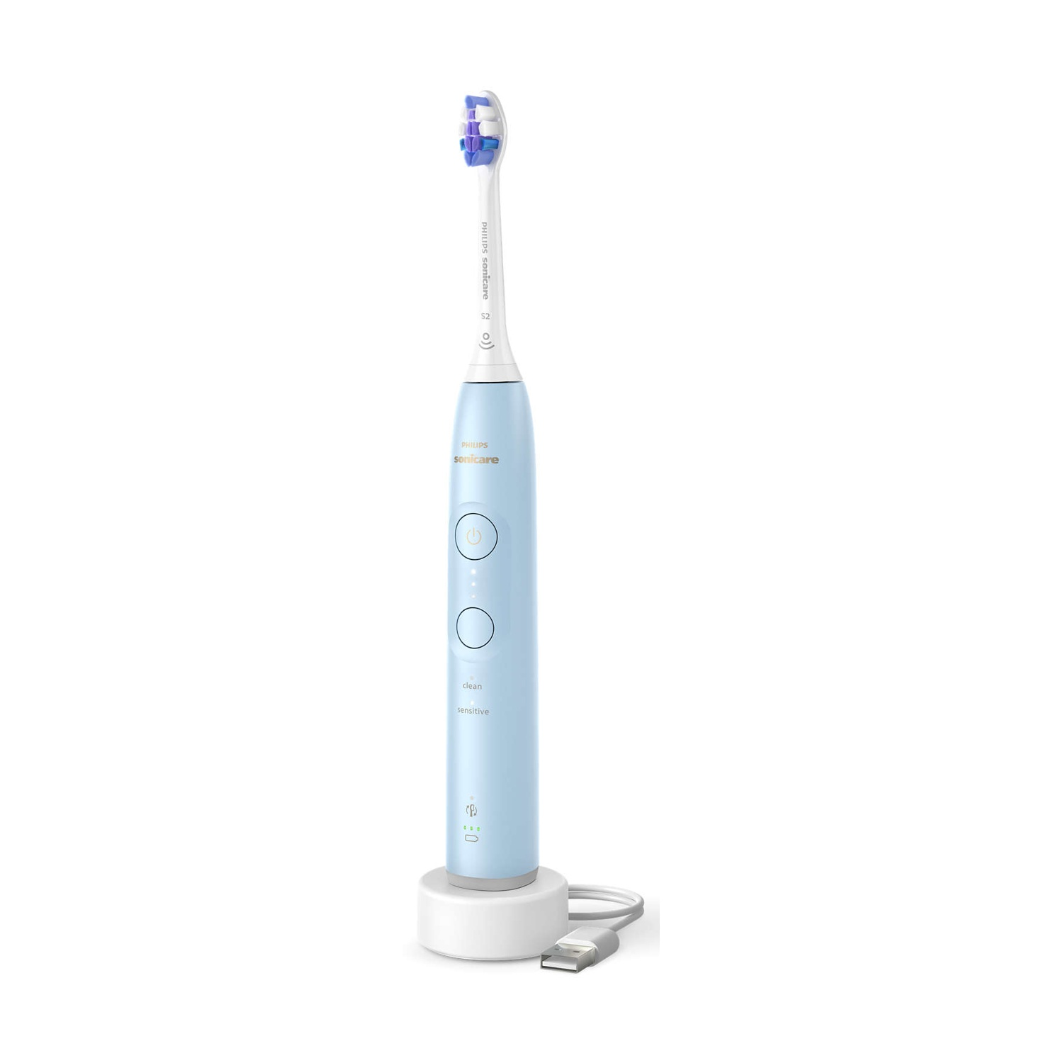 Uno spazzolino elettrico azzurro con testina bianca e base di ricarica.