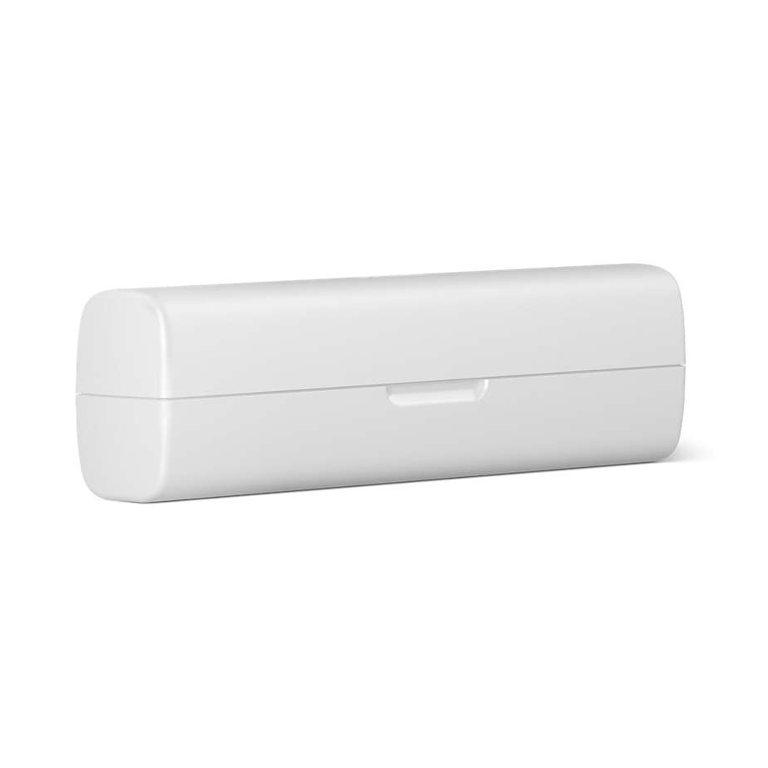 Un astuccio rettangolare bianco con bordi arrotondati su sfondo bianco.