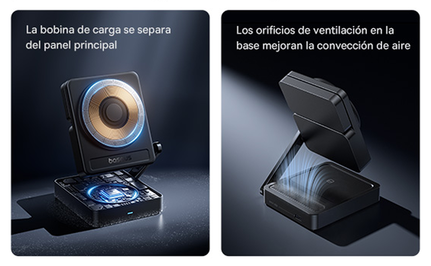 Un cargador negro con bobina desmontable y orificios de ventilación.