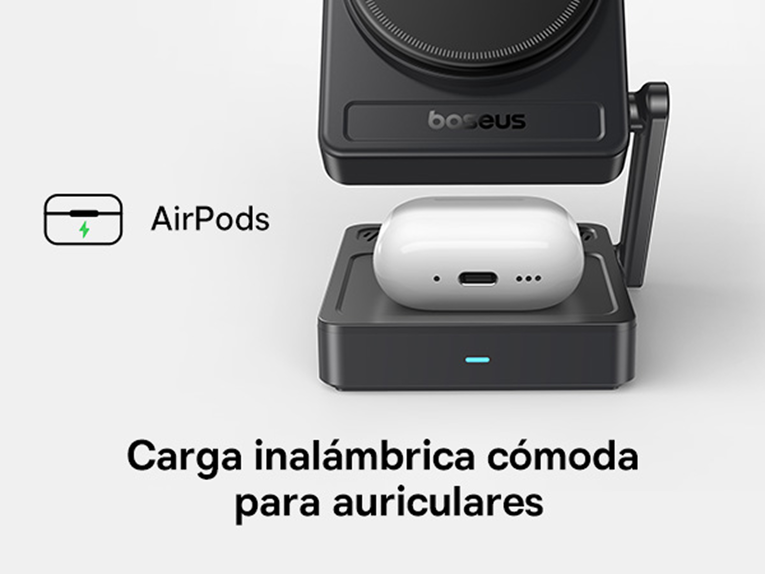 Un estuche de carga blanco para AirPods descansa sobre un cargador inalámbrico negro.