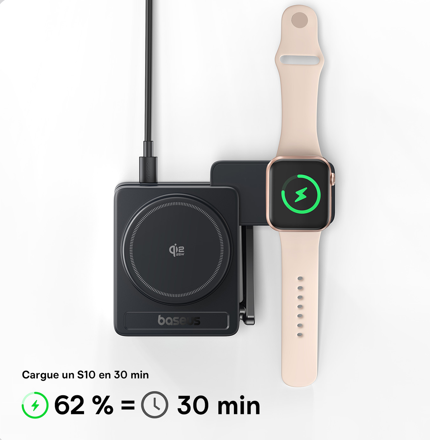 Un Apple Watch con correa clara se carga en un cargador Baseus negro.