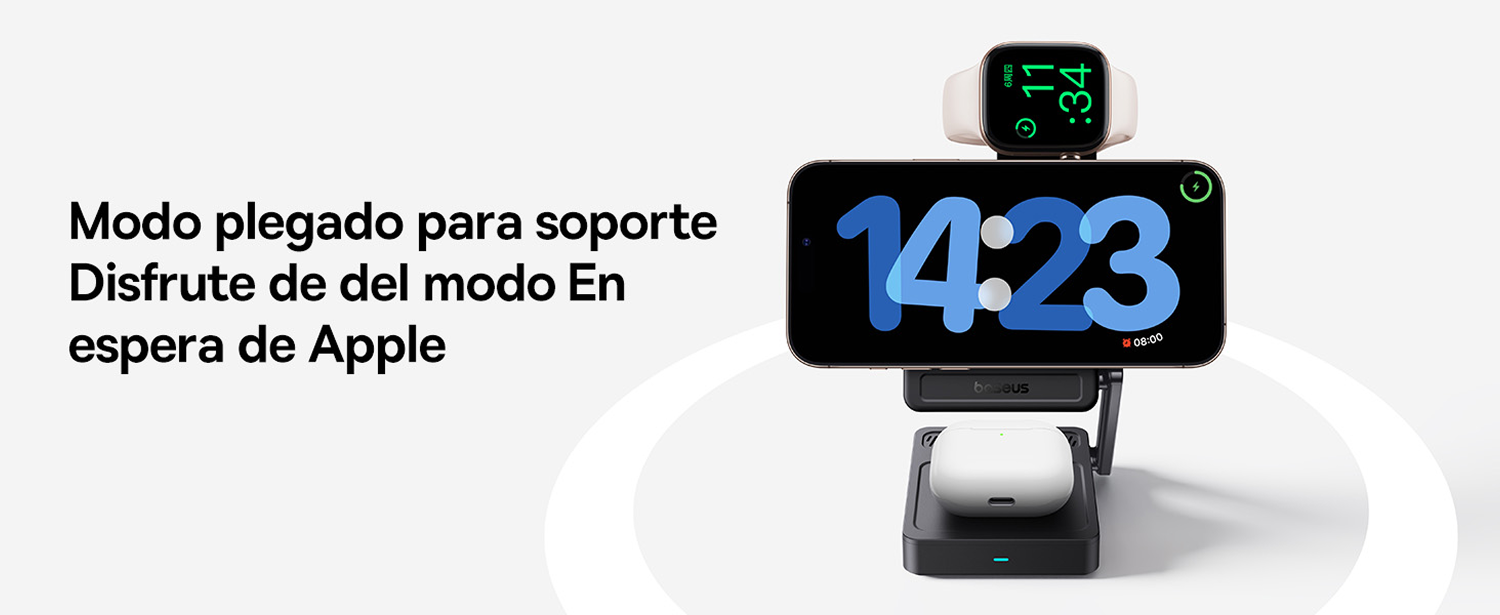 Un soporte de carga con iPhone, AirPods y Apple Watch.