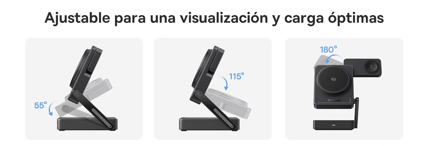 Un cargador negro muestra diferentes ángulos de 55°, 115° y 180°.