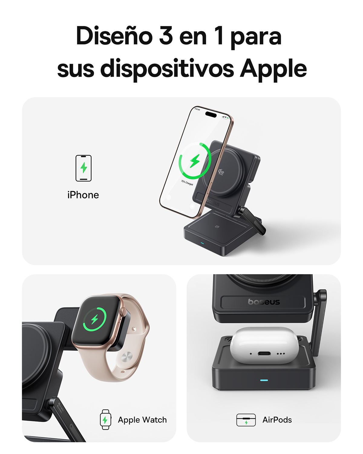 Una estación de carga 3 en 1 para iPhone, Apple Watch y AirPods.